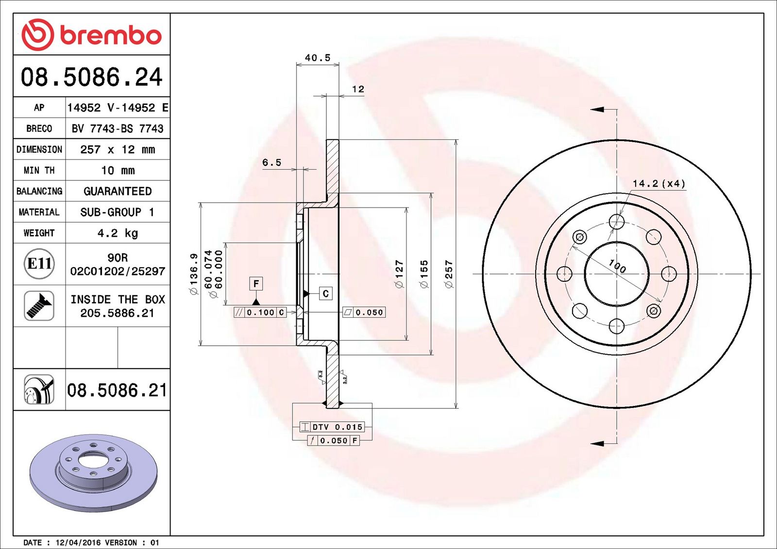BREMBO 08.5086.21 - Bremsscheibe