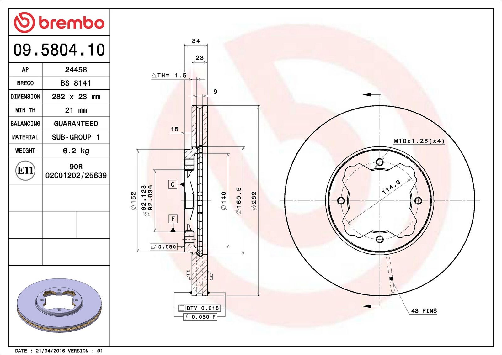 BREMBO 09.5804.10 - Bremsscheibe