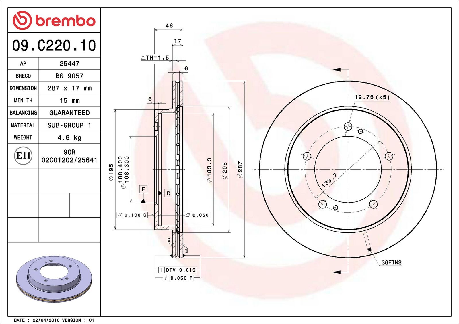 BREMBO 09.C220.10 - Bremsscheibe