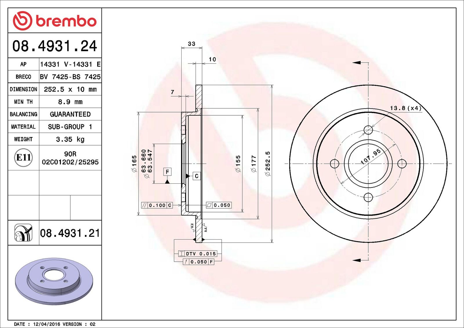 BREMBO 08.4931.21 - Bremsscheibe