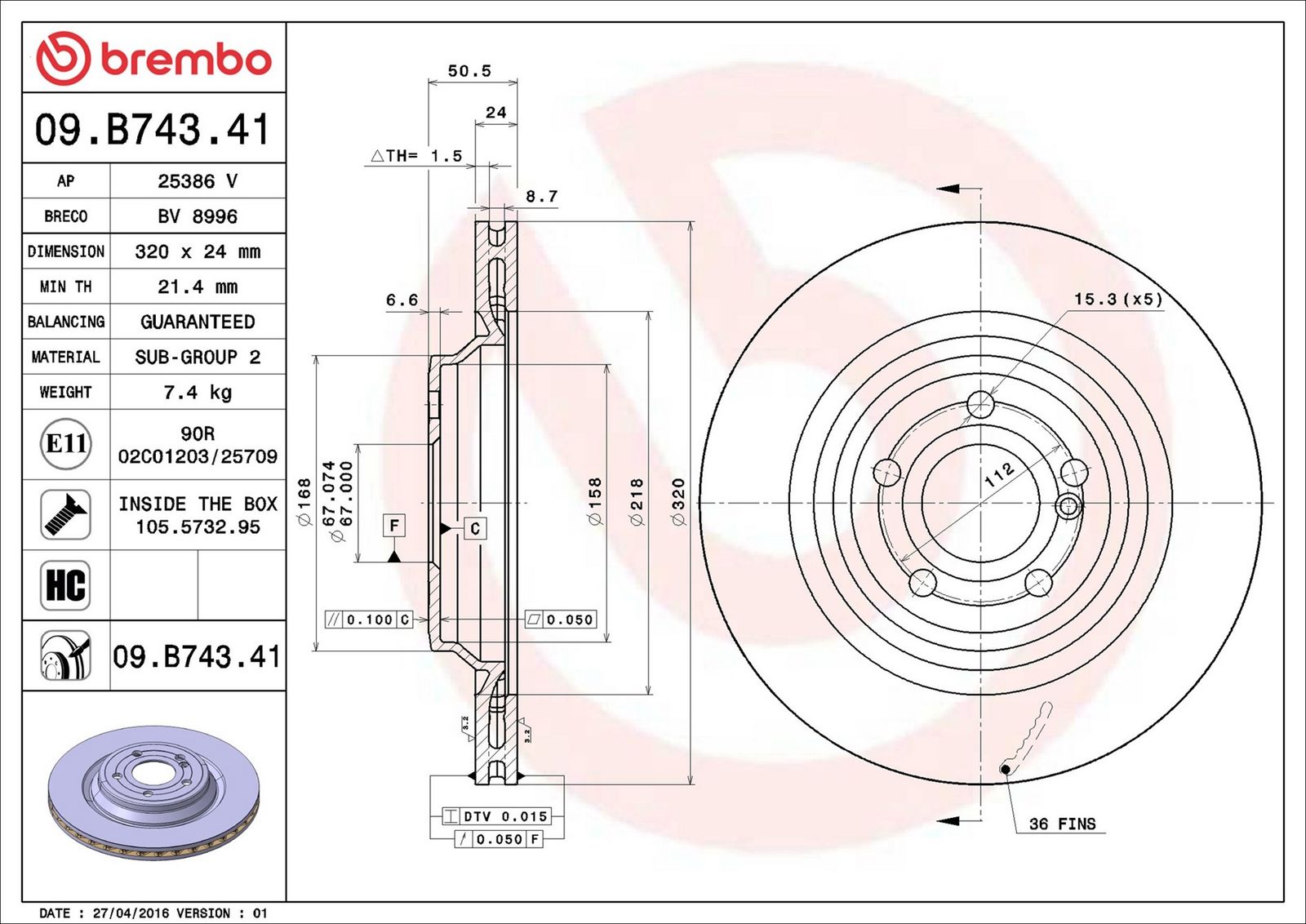 BREMBO 09.B743.41 - Bremsscheibe