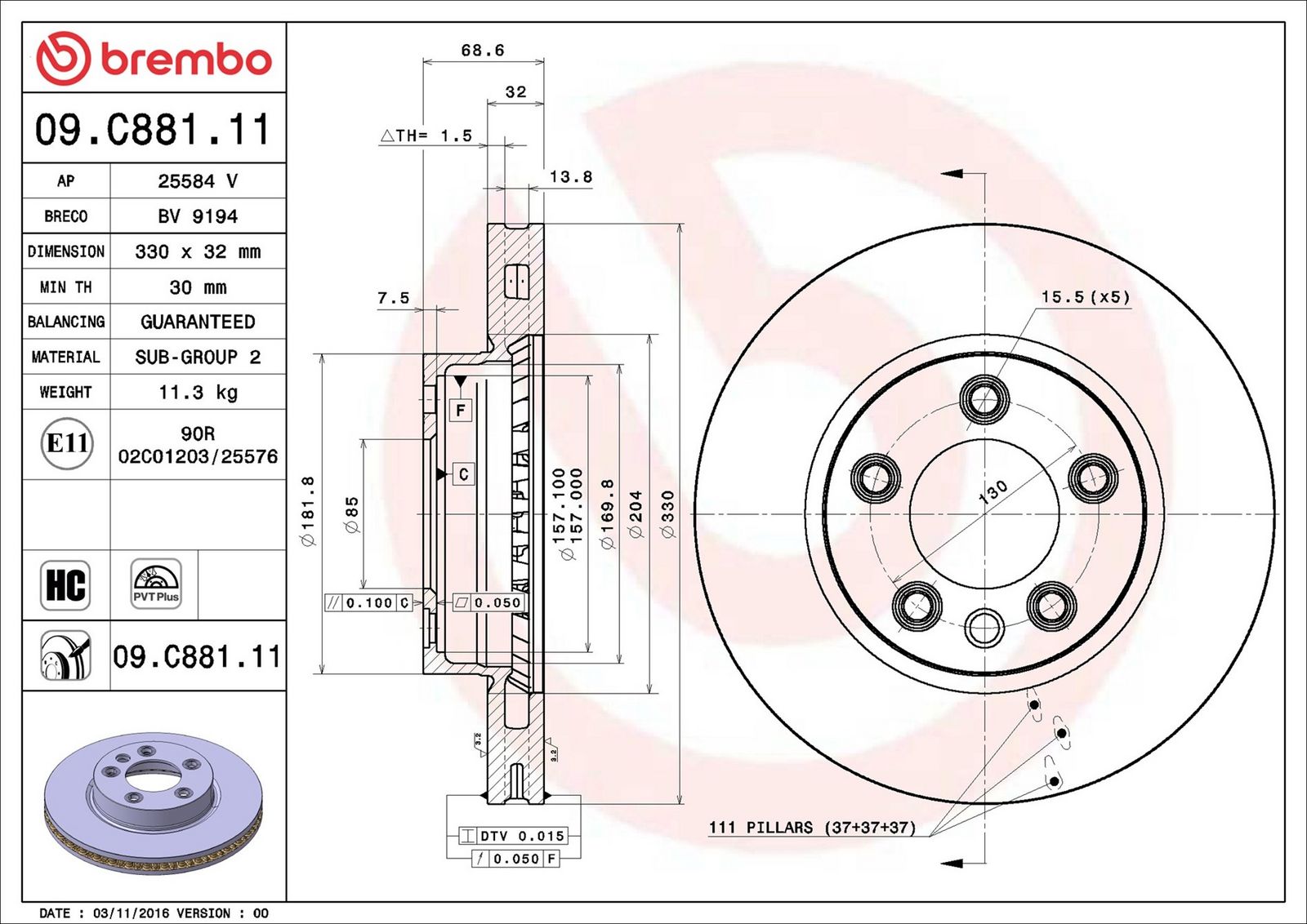 BREMBO 09.C881.11 - Bremsscheibe