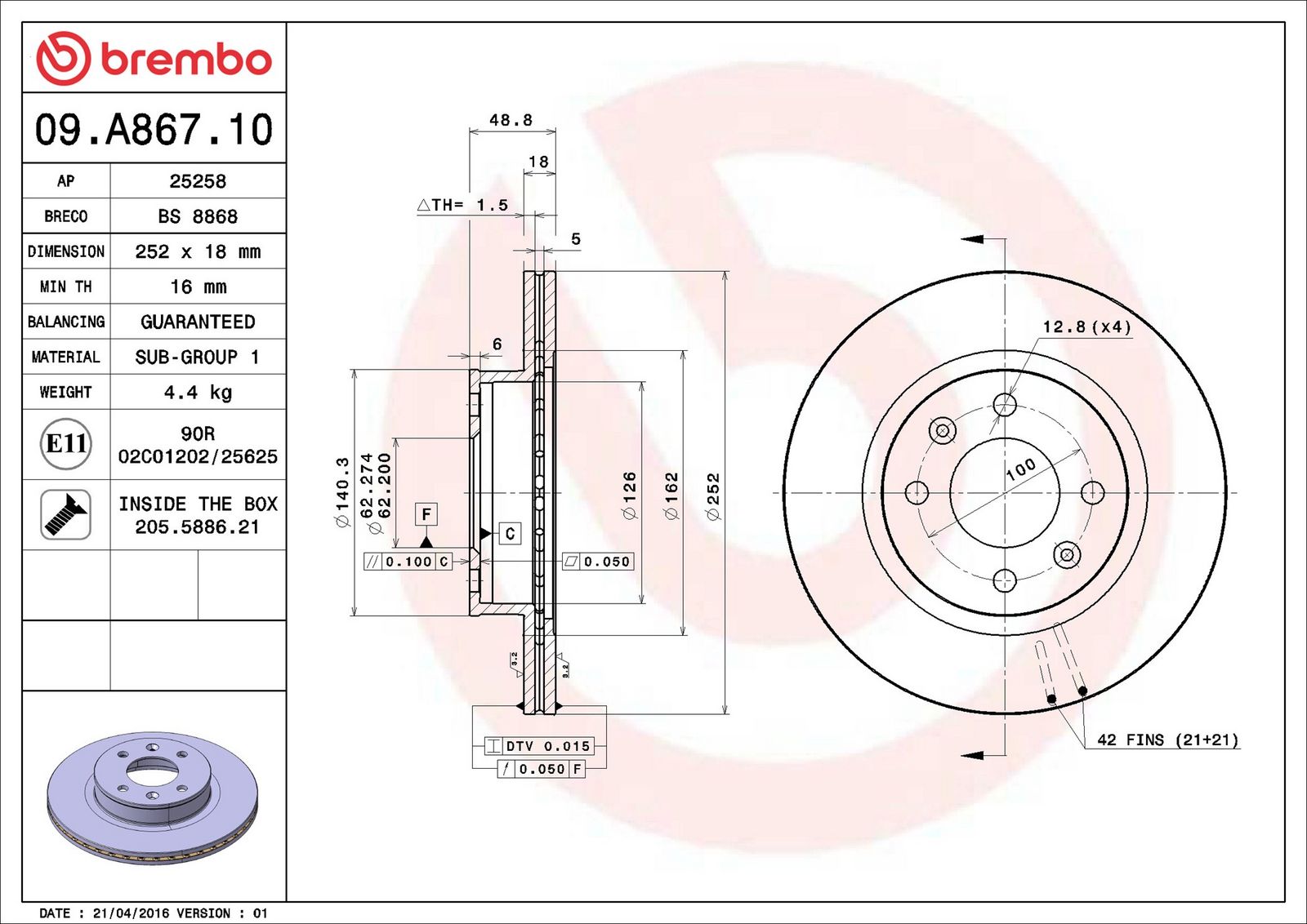 BREMBO 09.A867.10 - Bremsscheibe