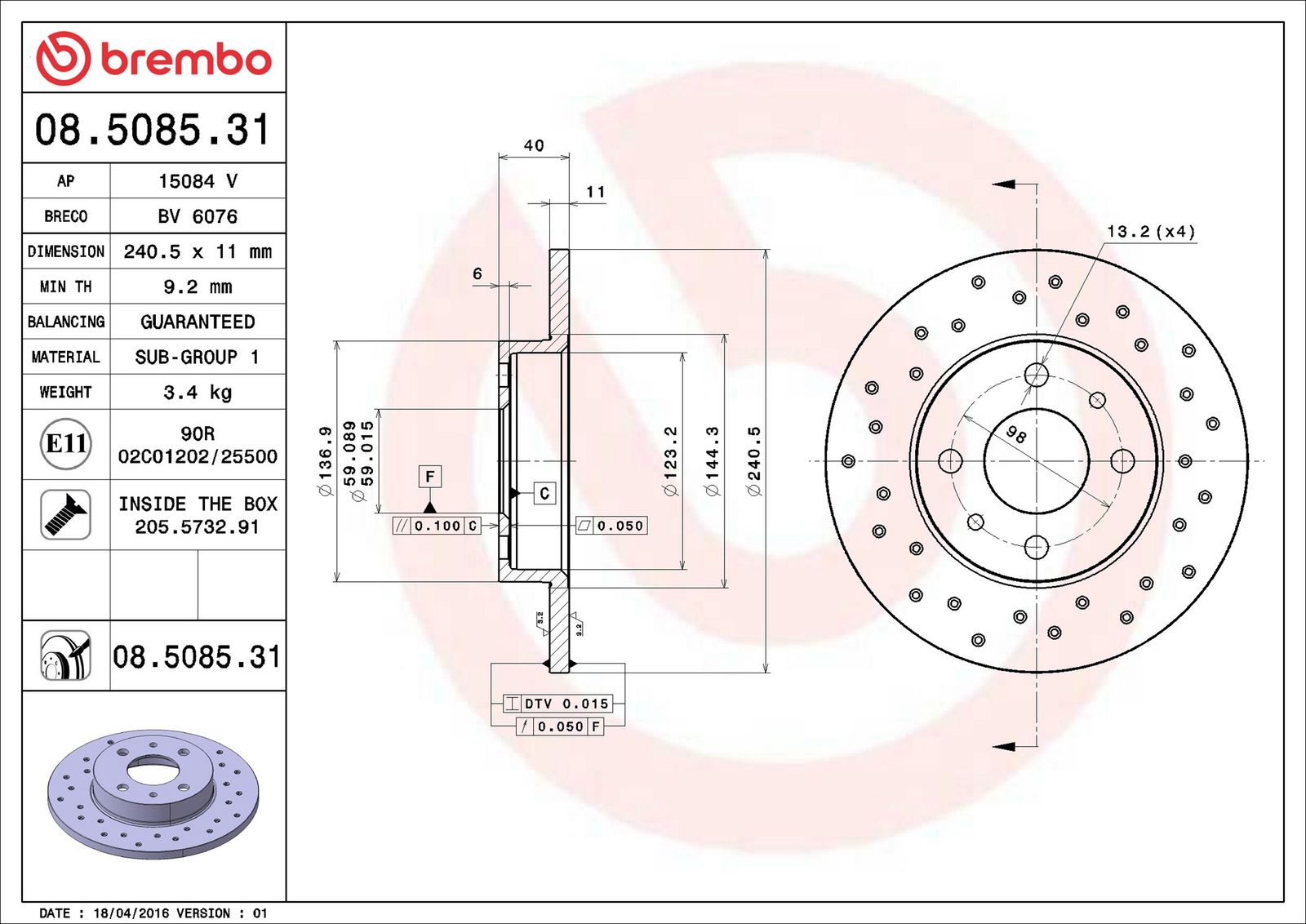 BREMBO 08.5085.31 - Bremsscheibe