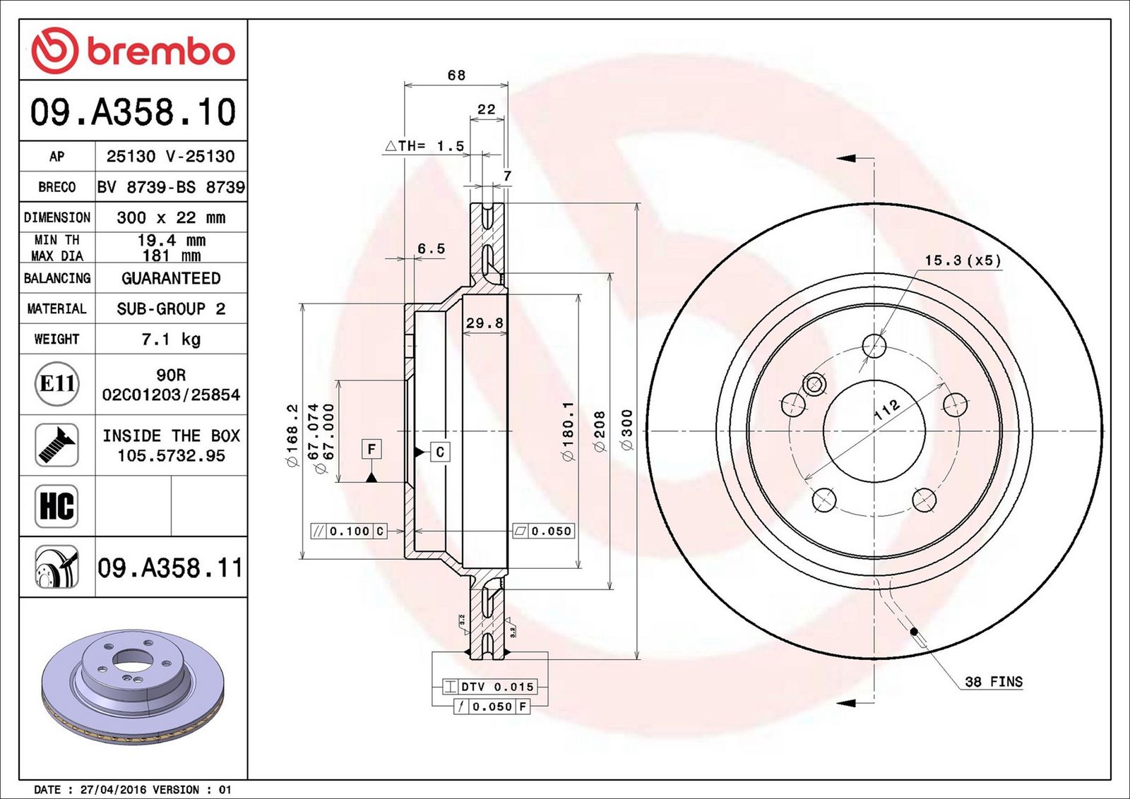 BREMBO 09.A358.11 - Bremsscheibe