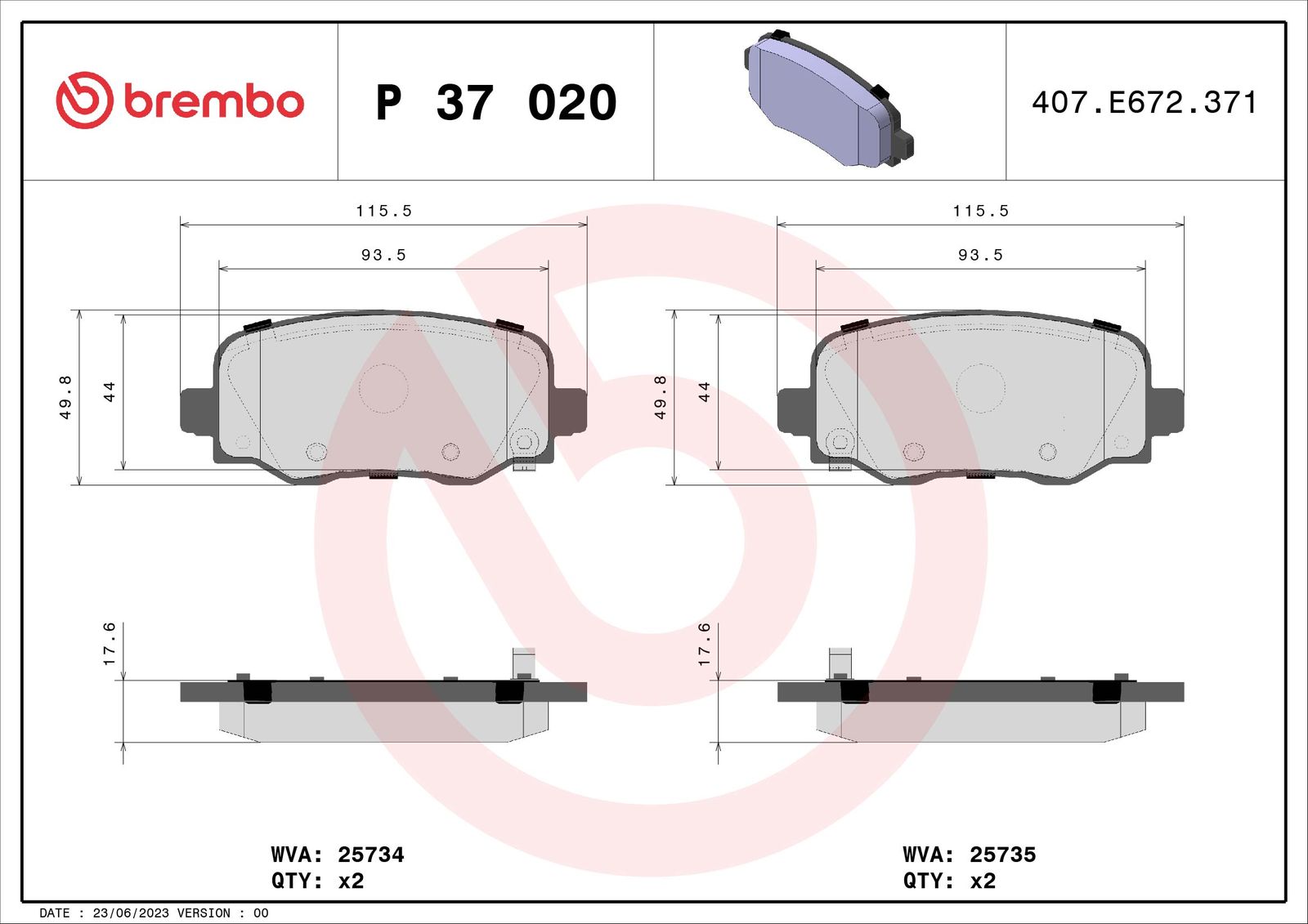 BREMBO P 37 020 - Bremsbelagsatz, Scheibenbremse