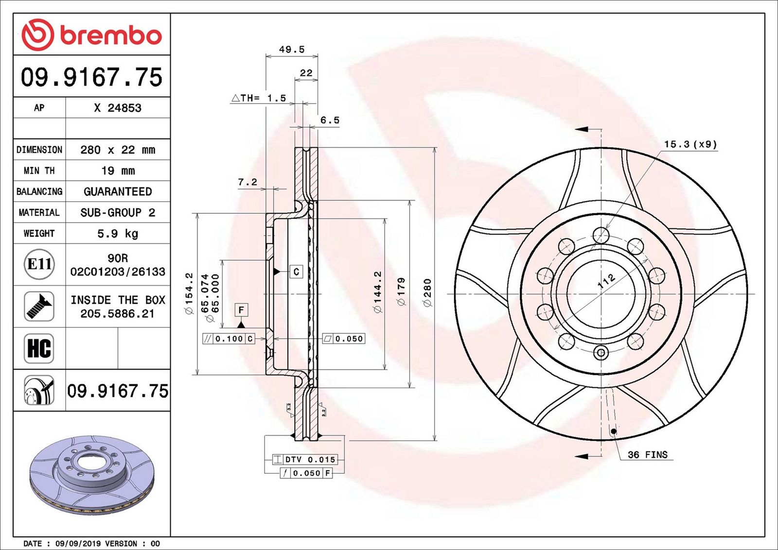 BREMBO 09.9167.75 - Bremsscheibe