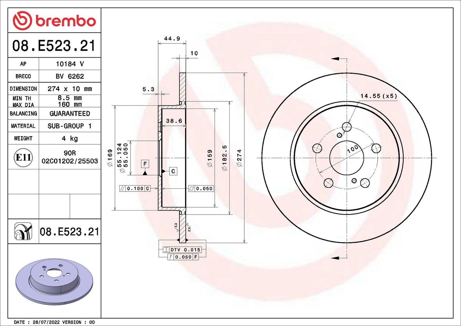 BREMBO 08.E523.21 - Bremsscheibe