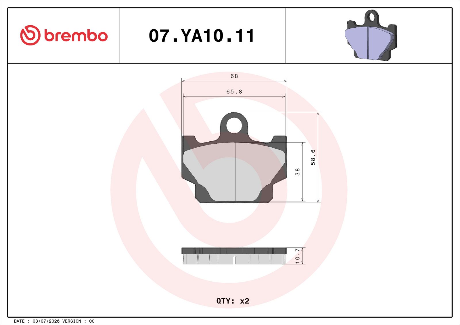 BREMBO 07YA1011 - Bremsbelagsatz, Scheibenbremse