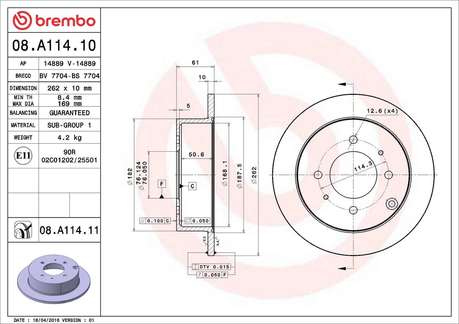 BREMBO 08.A114.11 - Bremsscheibe