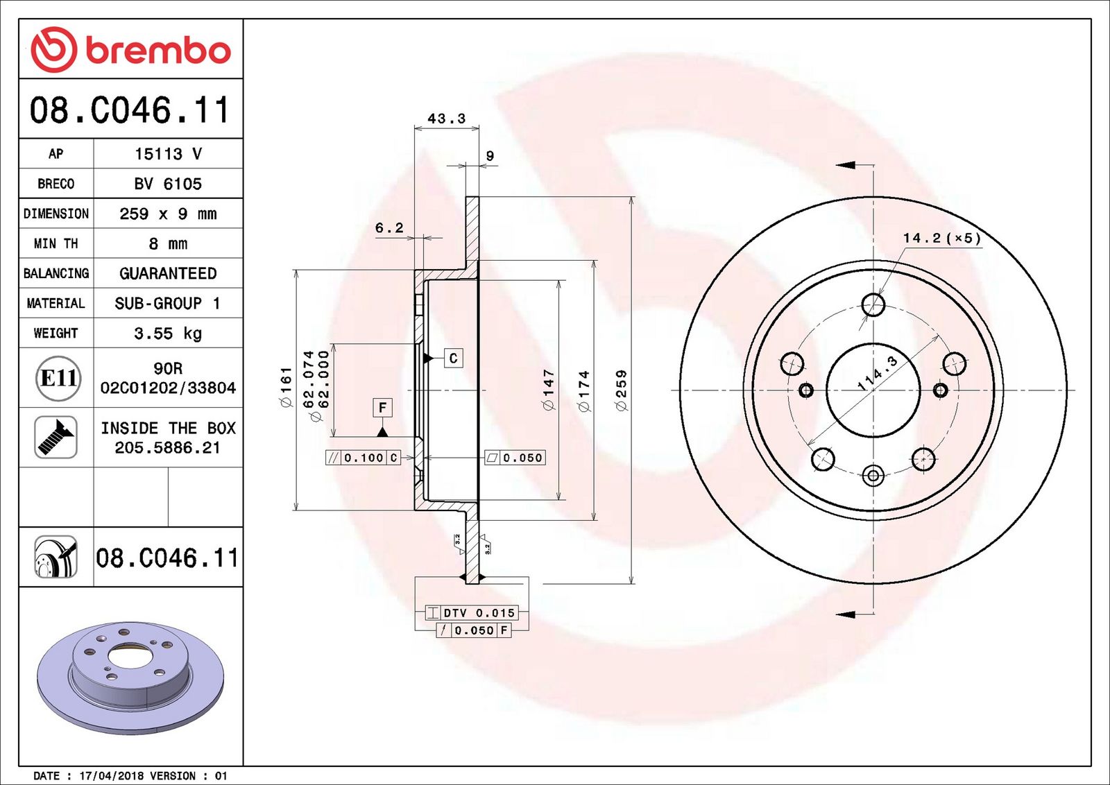 BREMBO 08.C046.11 - Bremsscheibe