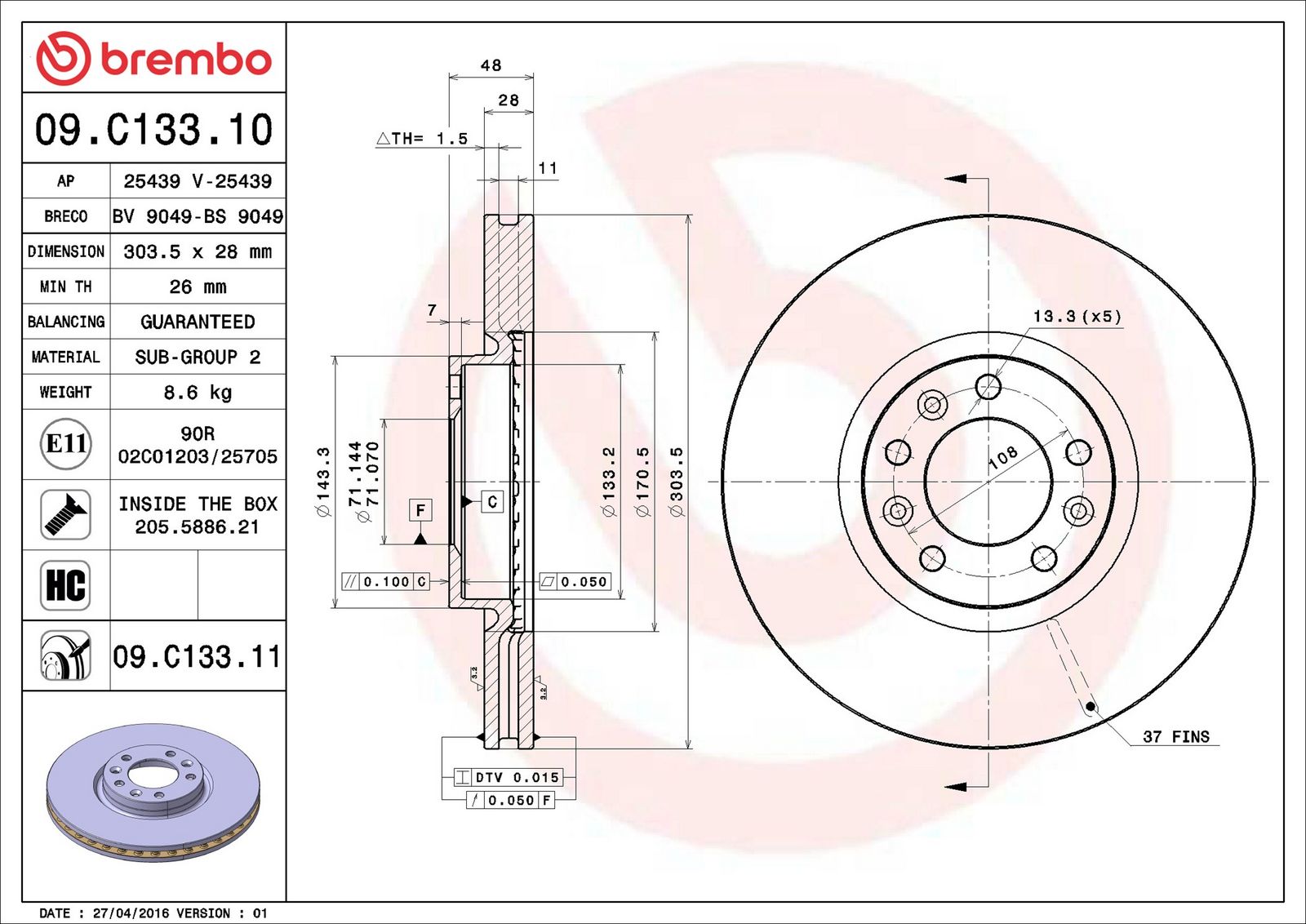 BREMBO 09.C133.11 - Bremsscheibe