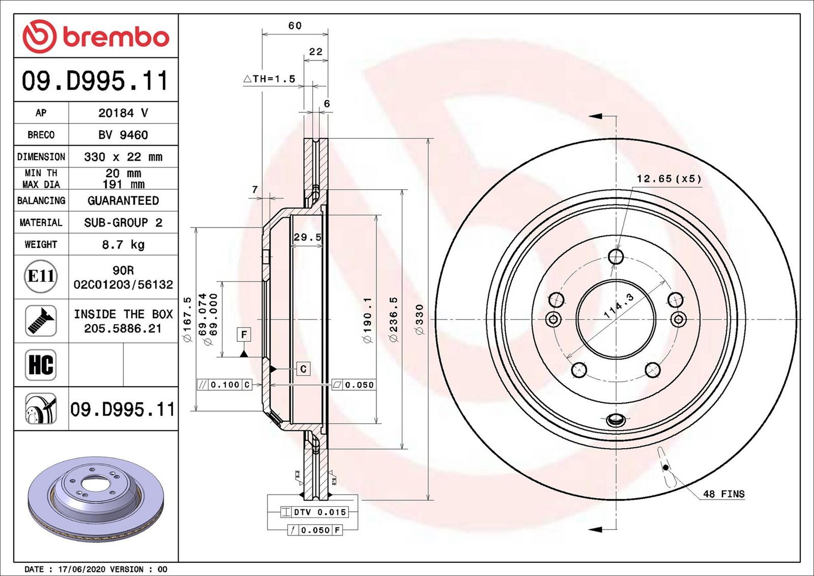BREMBO 09.D995.11 - Bremsscheibe