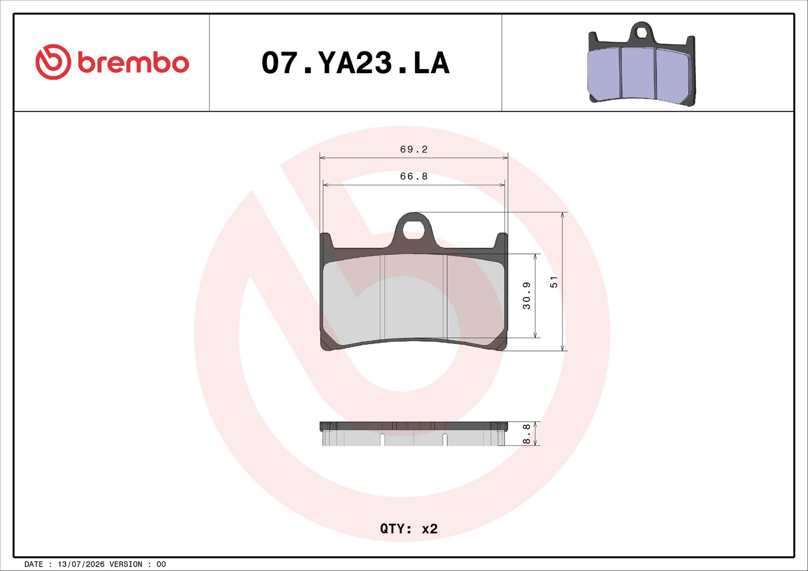 BREMBO 07YA23LA - Bremsbelagsatz, Scheibenbremse