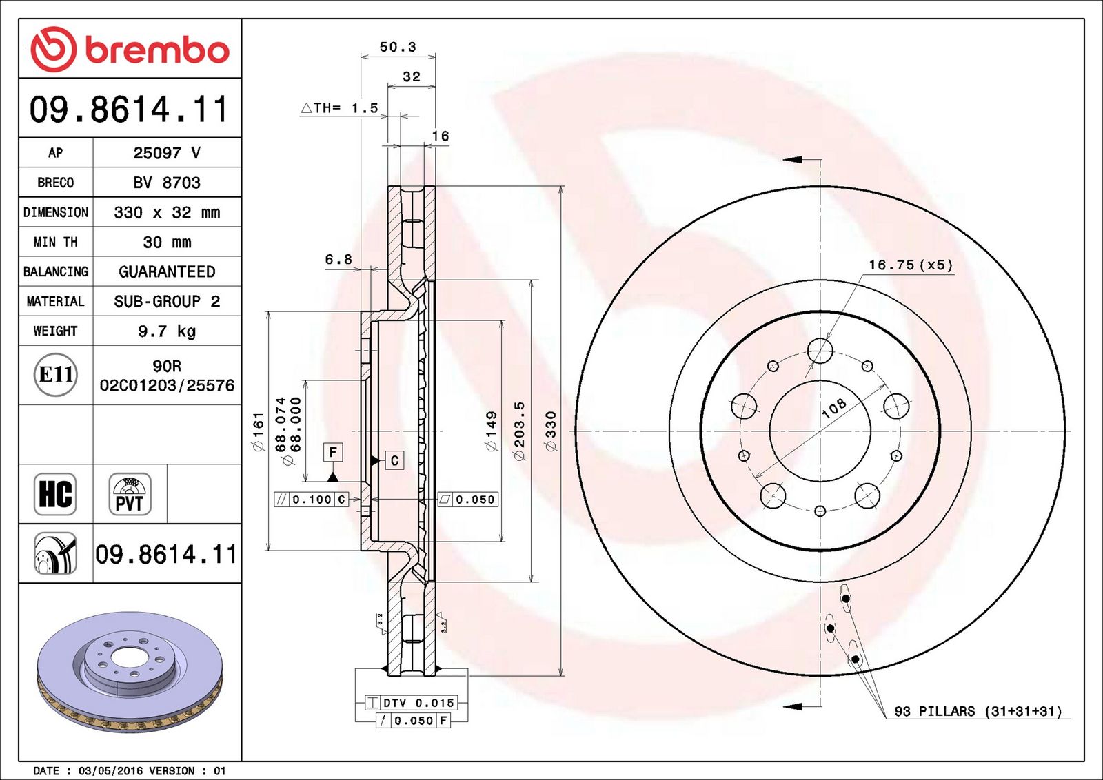 BREMBO 09.8614.11 - Bremsscheibe