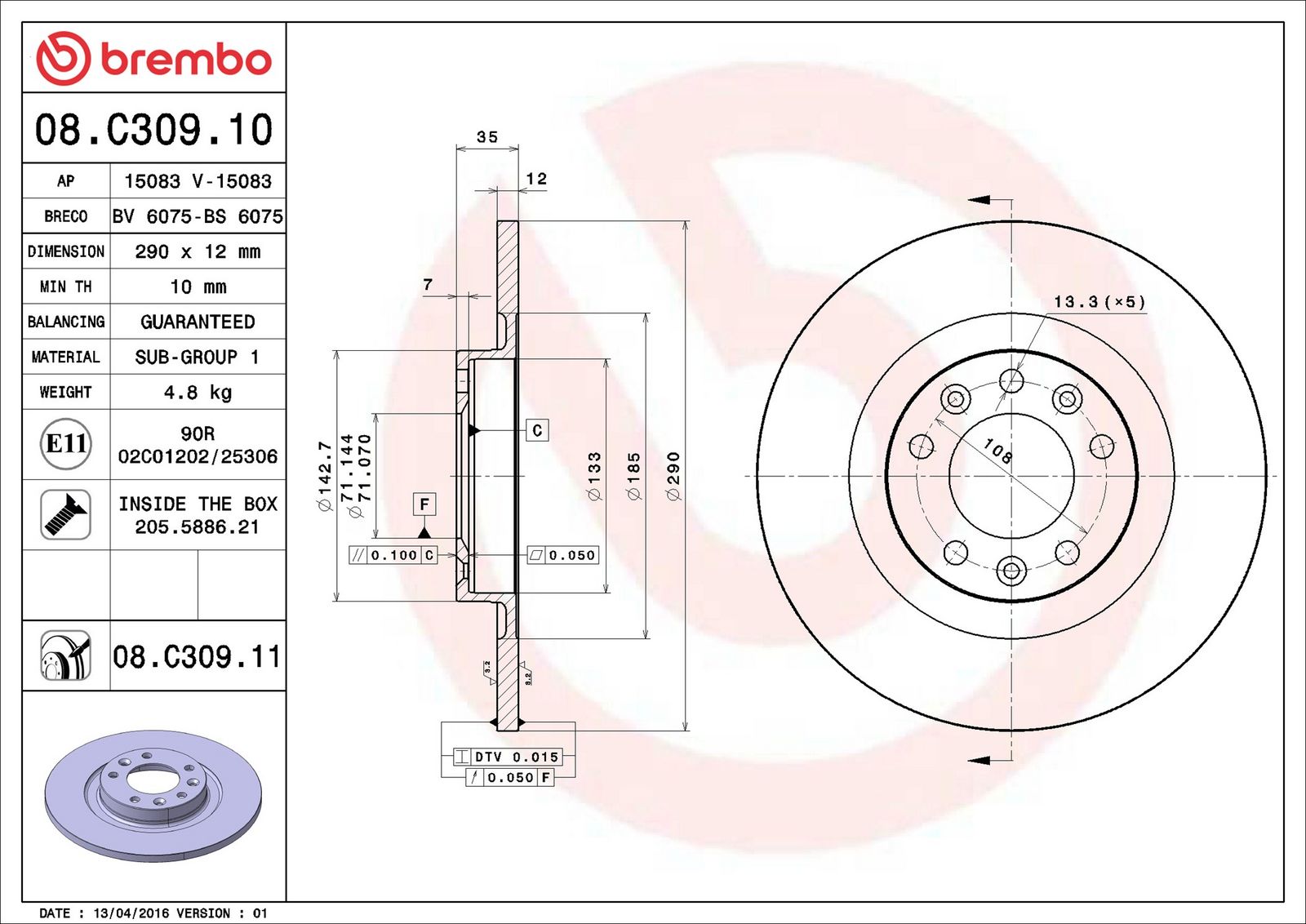 BREMBO 08.C309.11 - Bremsscheibe