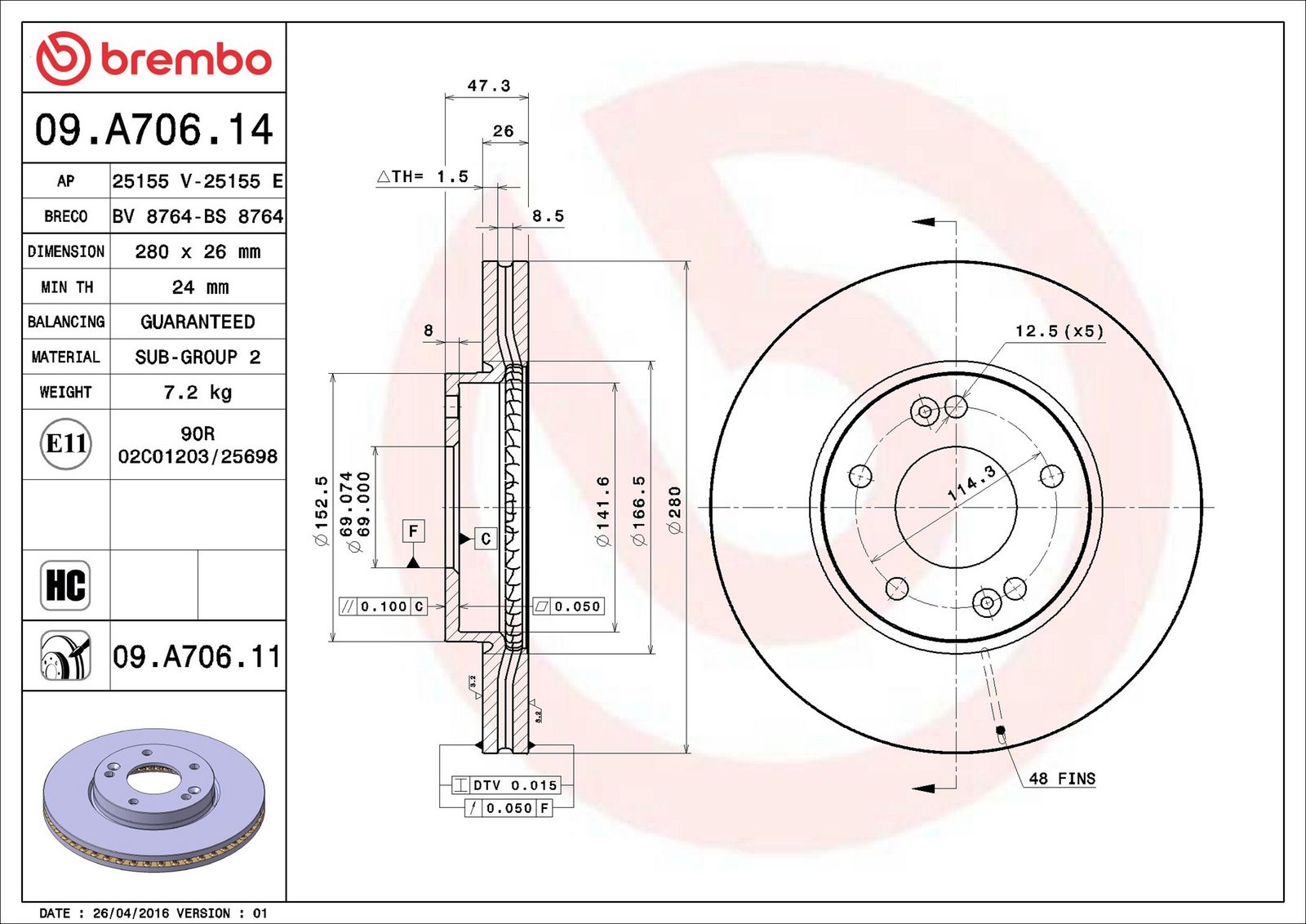 BREMBO 09.A706.11 - Bremsscheibe