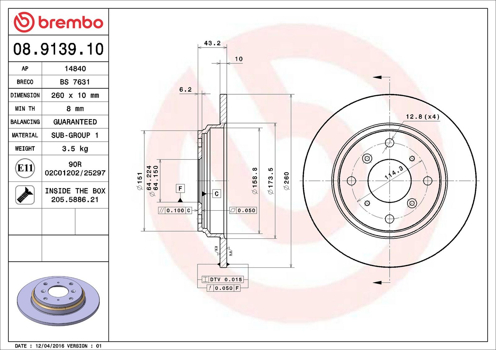 BREMBO 08.9139.10 - Bremsscheibe