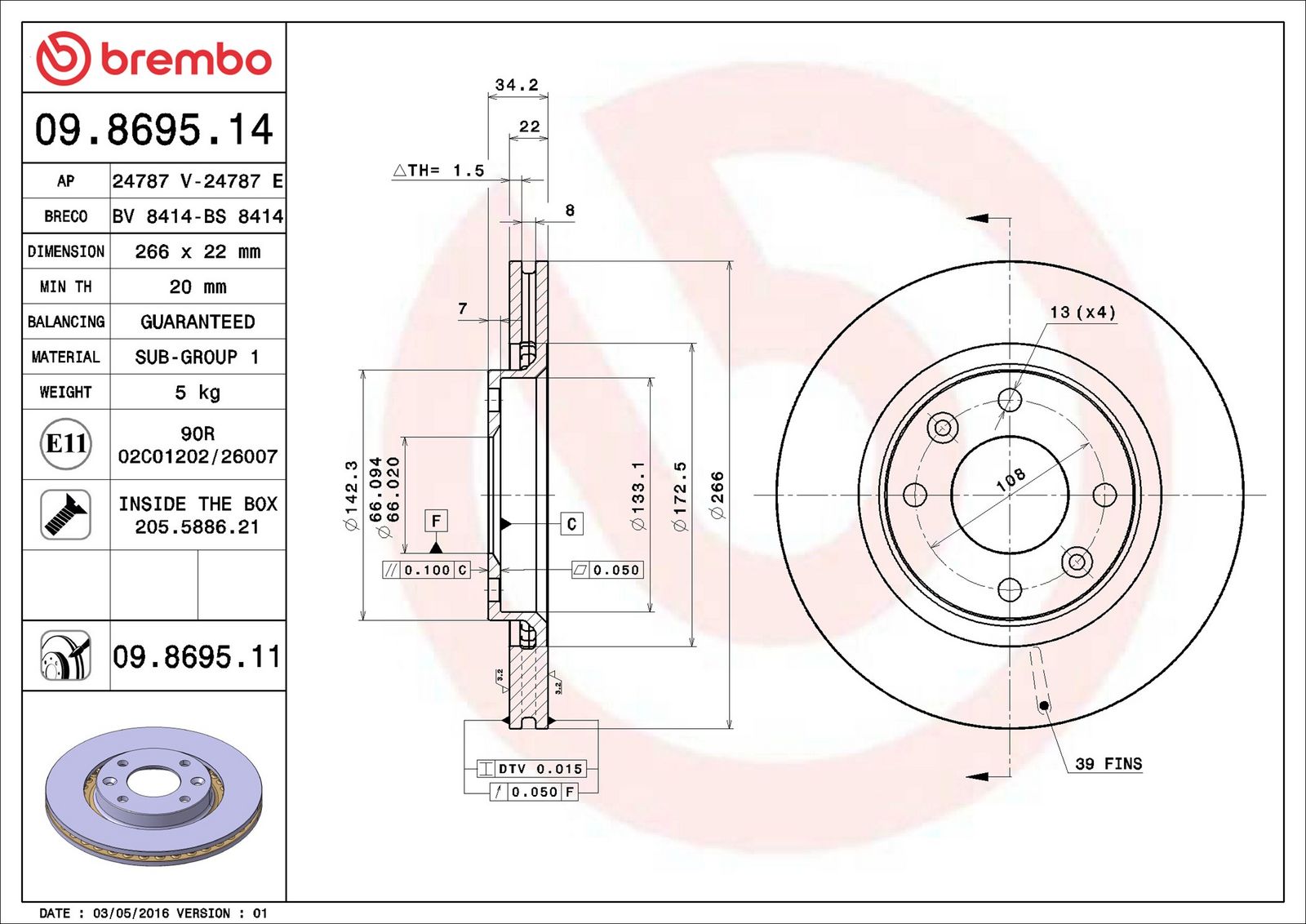 BREMBO 09.8695.11 - Bremsscheibe