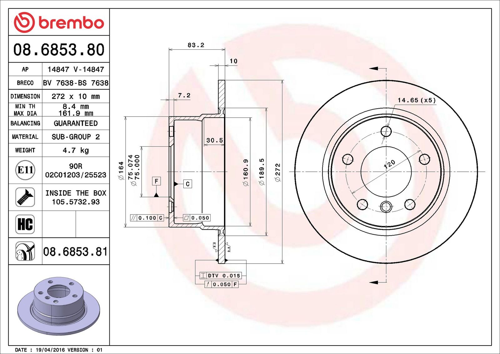 BREMBO 08.6853.81 - Bremsscheibe