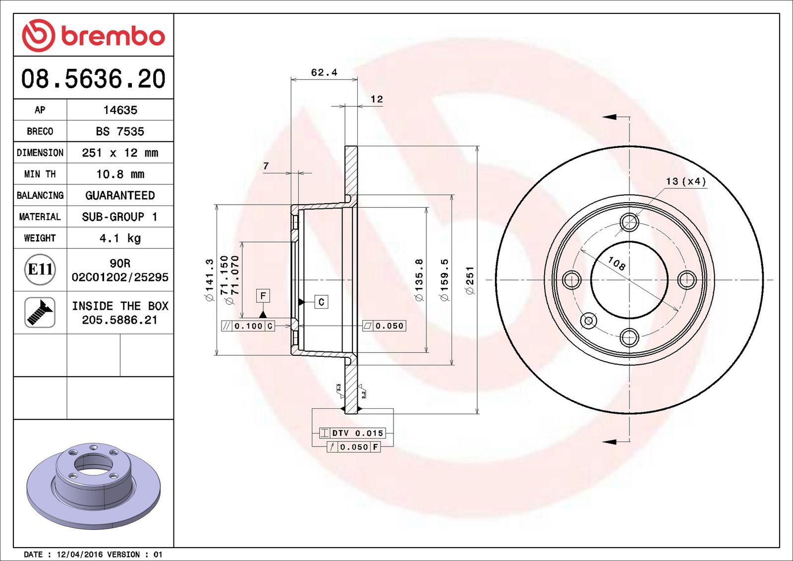 BREMBO 08.5636.20 - Bremsscheibe