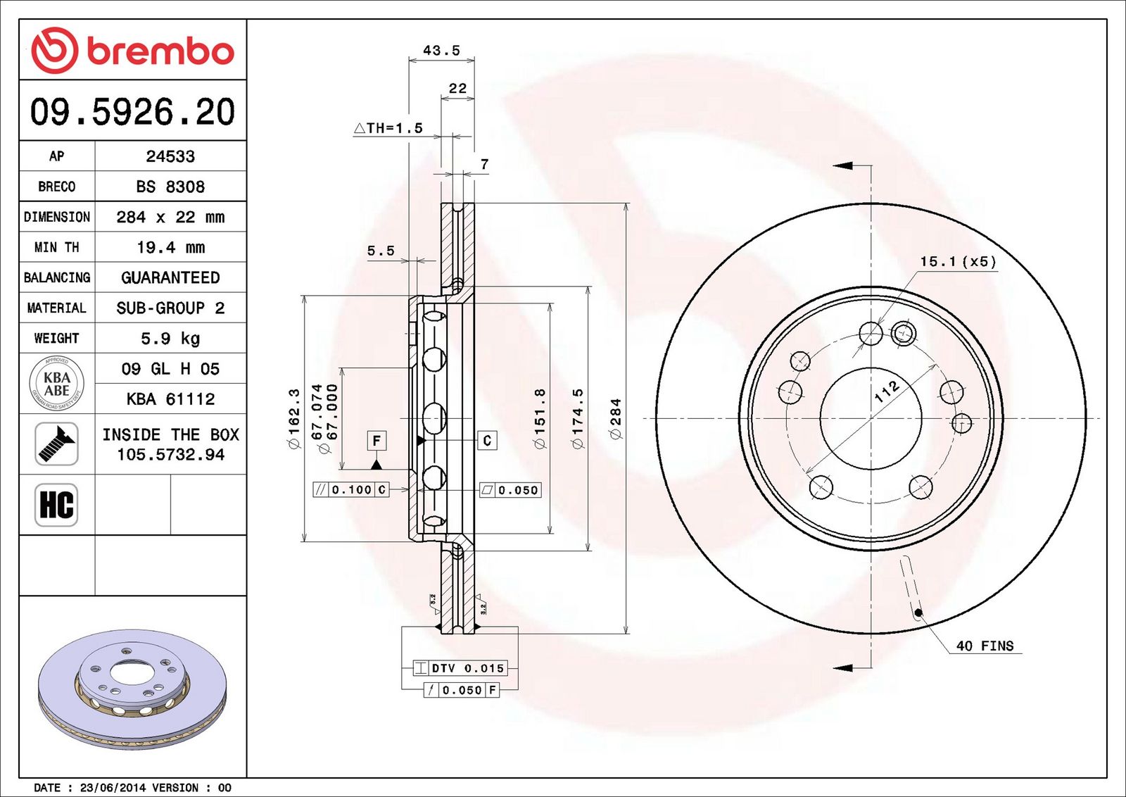 BREMBO 09.5926.20 - Bremsscheibe