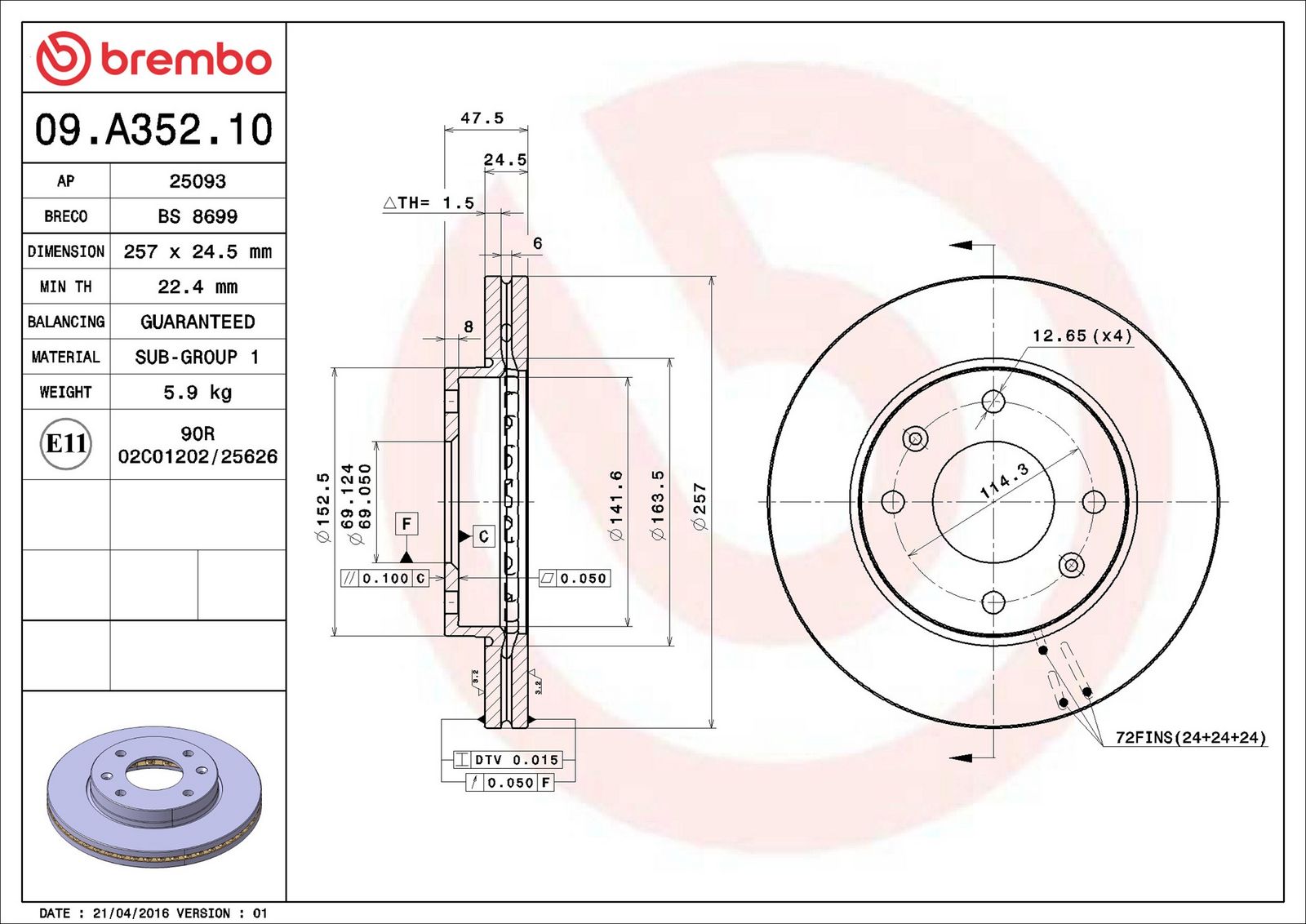 BREMBO 09.A352.10 - Bremsscheibe