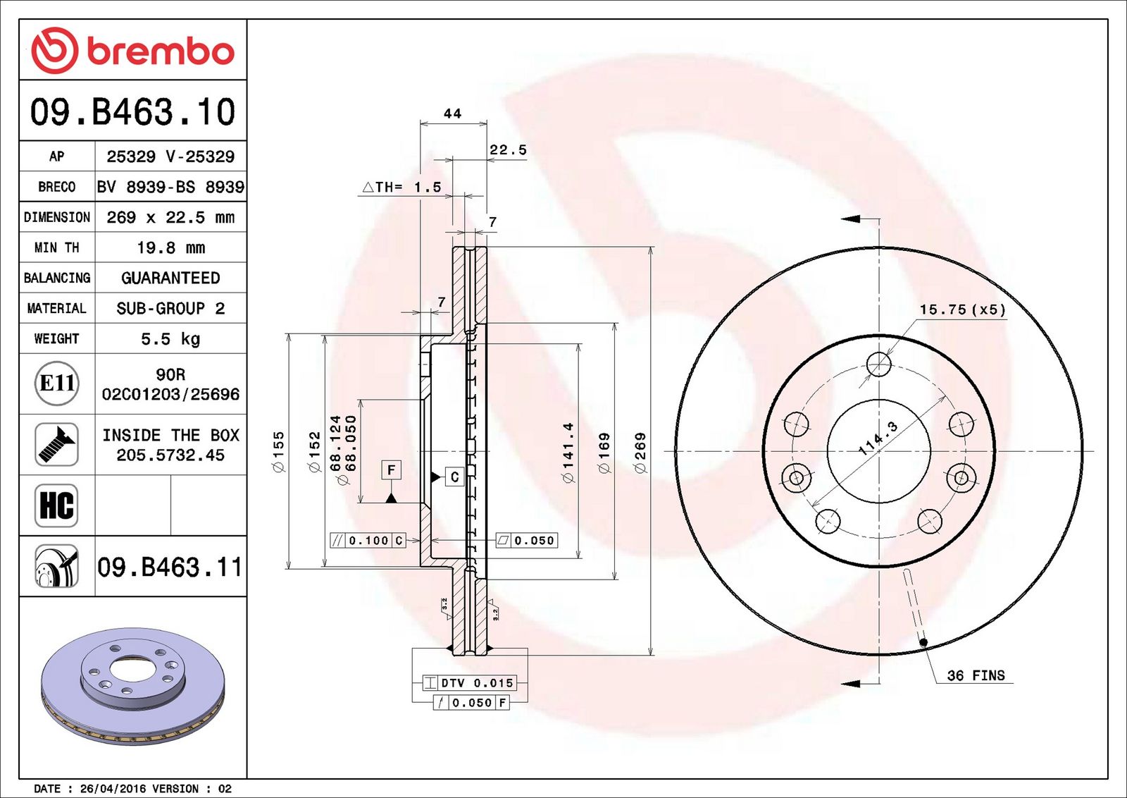 BREMBO 09.B463.11 - Bremsscheibe