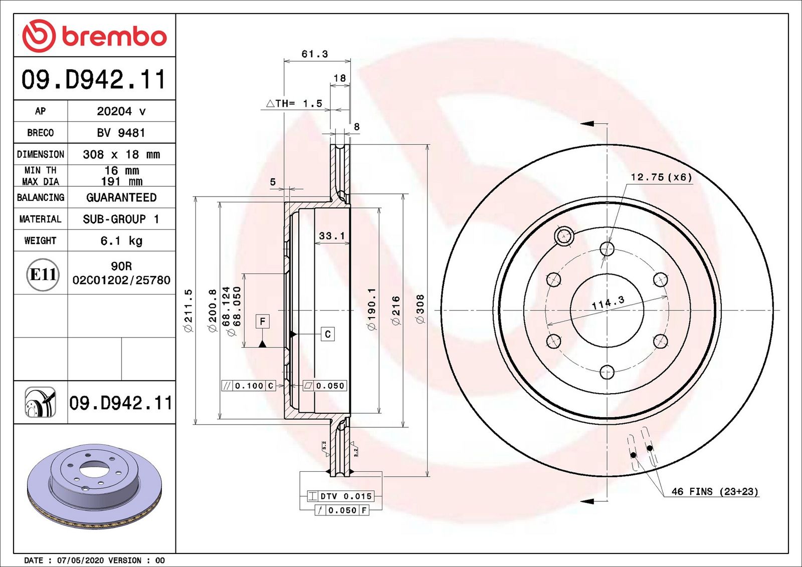 BREMBO 09.D942.11 - Bremsscheibe