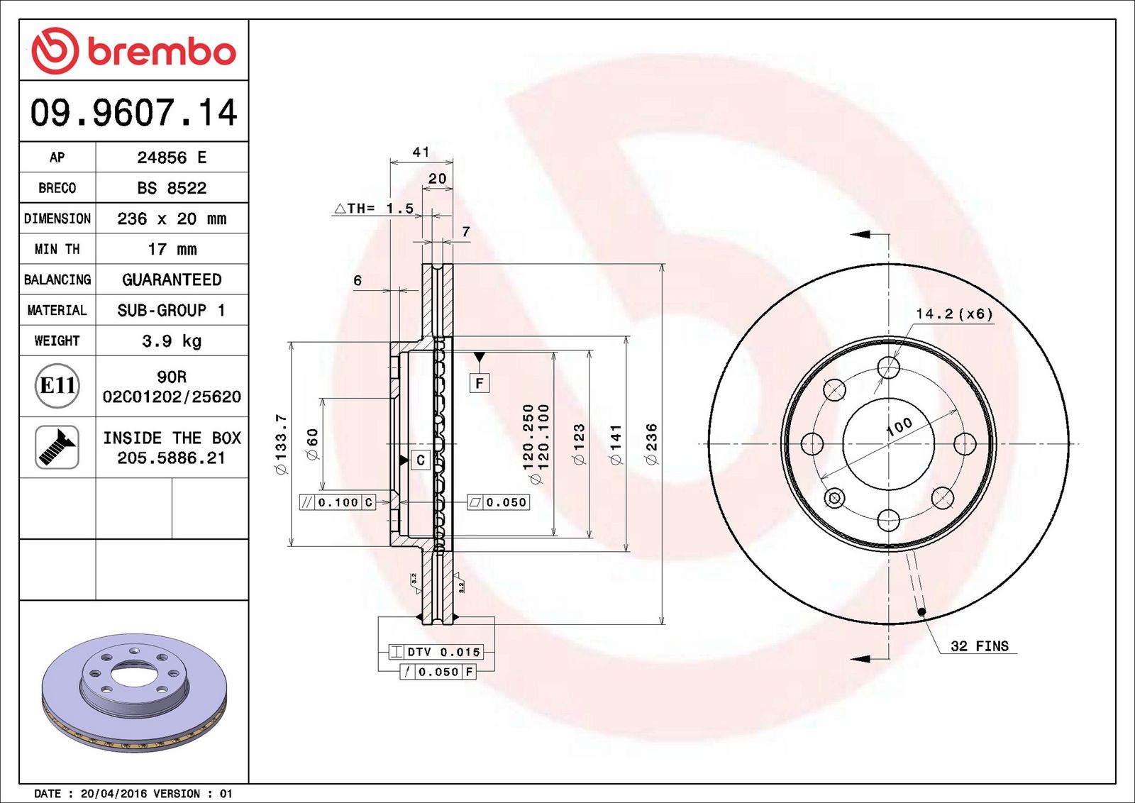BREMBO 09.9607.14 - Bremsscheibe