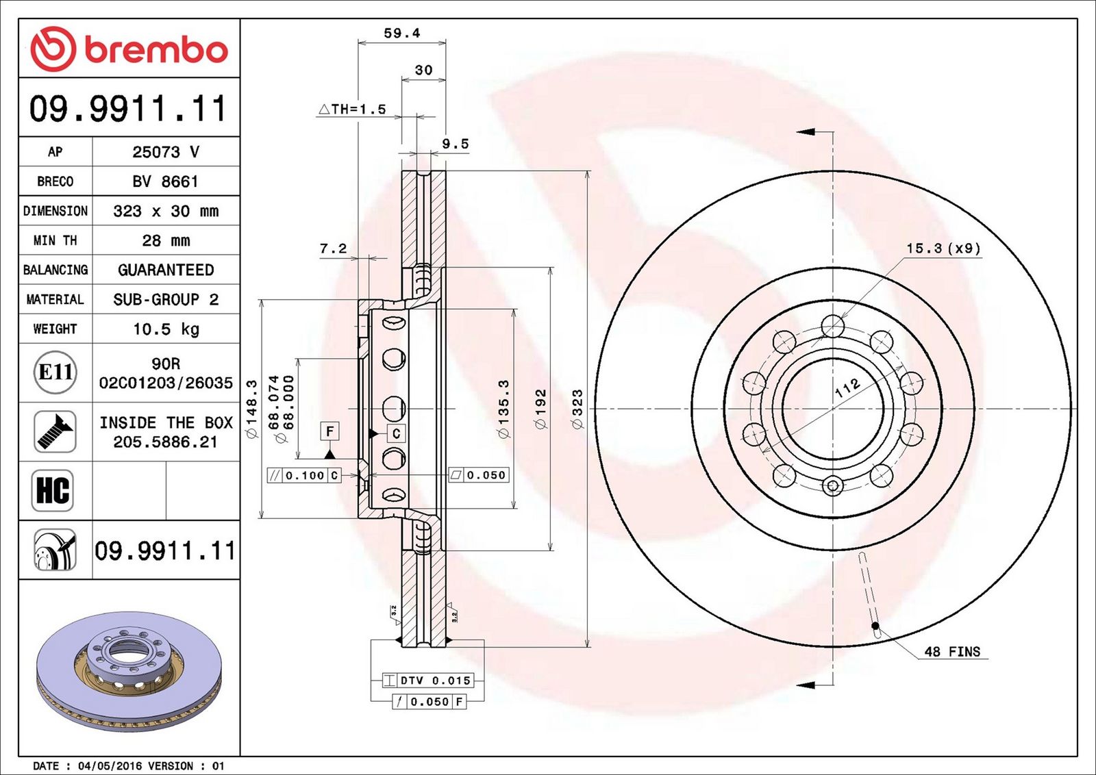 BREMBO 09.9911.11 - Bremsscheibe