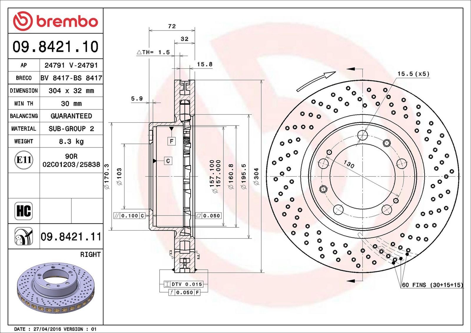 BREMBO 09.8421.11 - Bremsscheibe