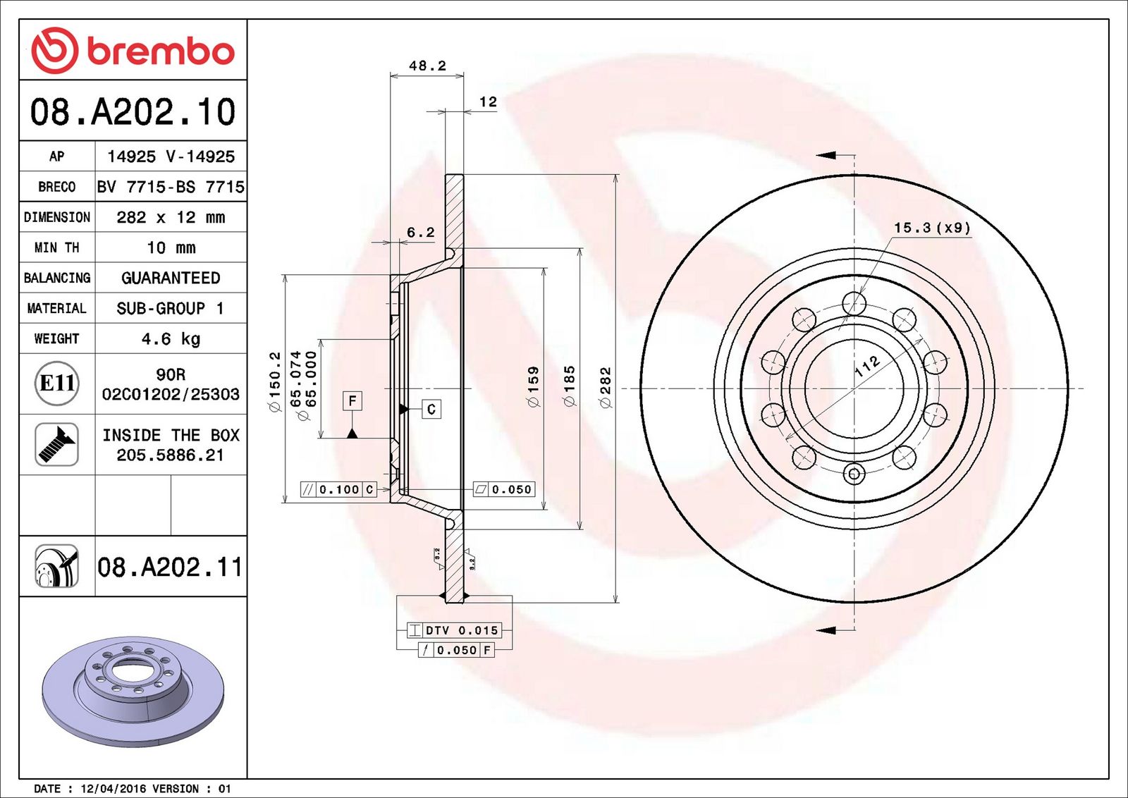 BREMBO 08.A202.11 - Bremsscheibe