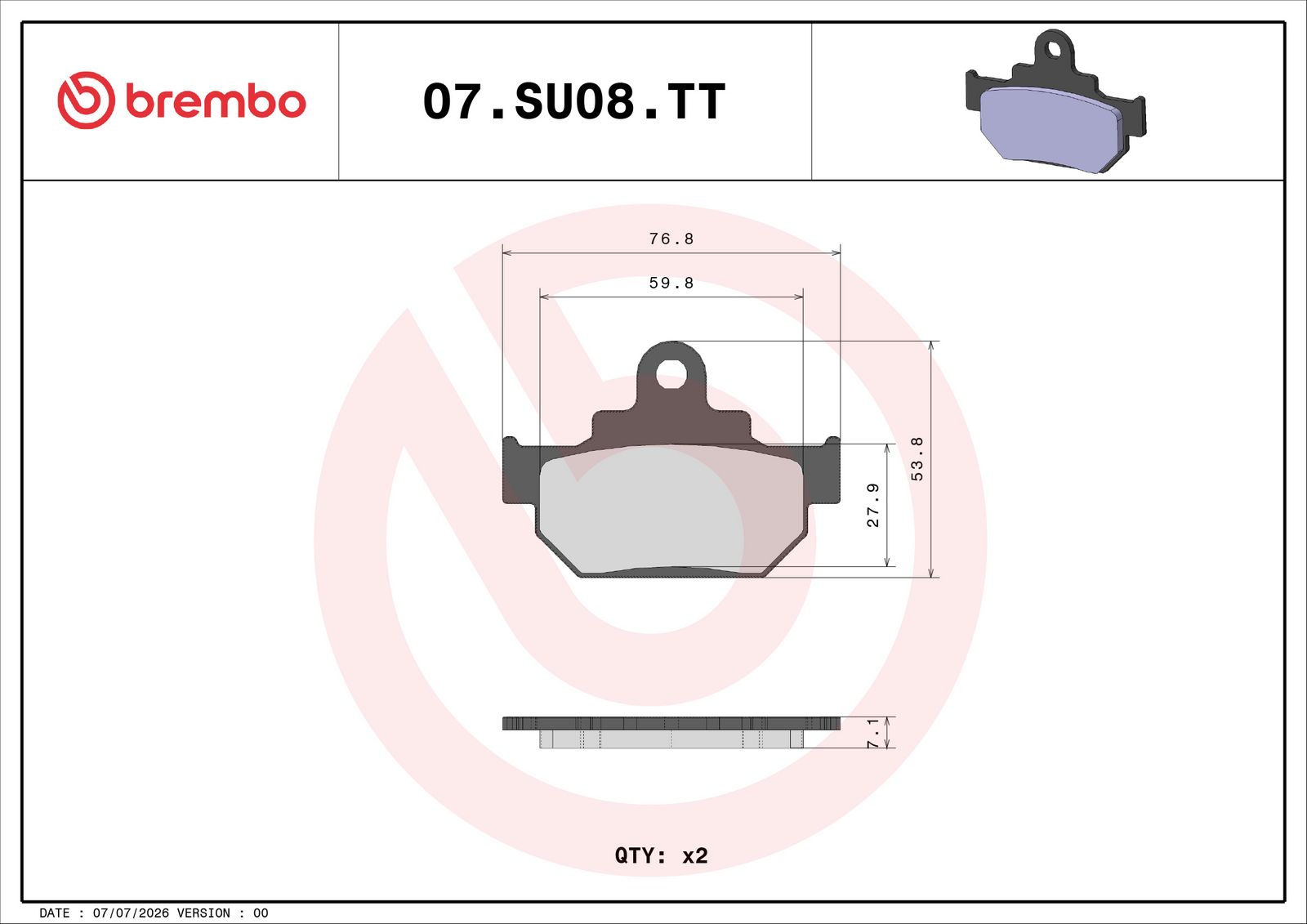 BREMBO 07SU08TT - Bremsbelagsatz, Scheibenbremse