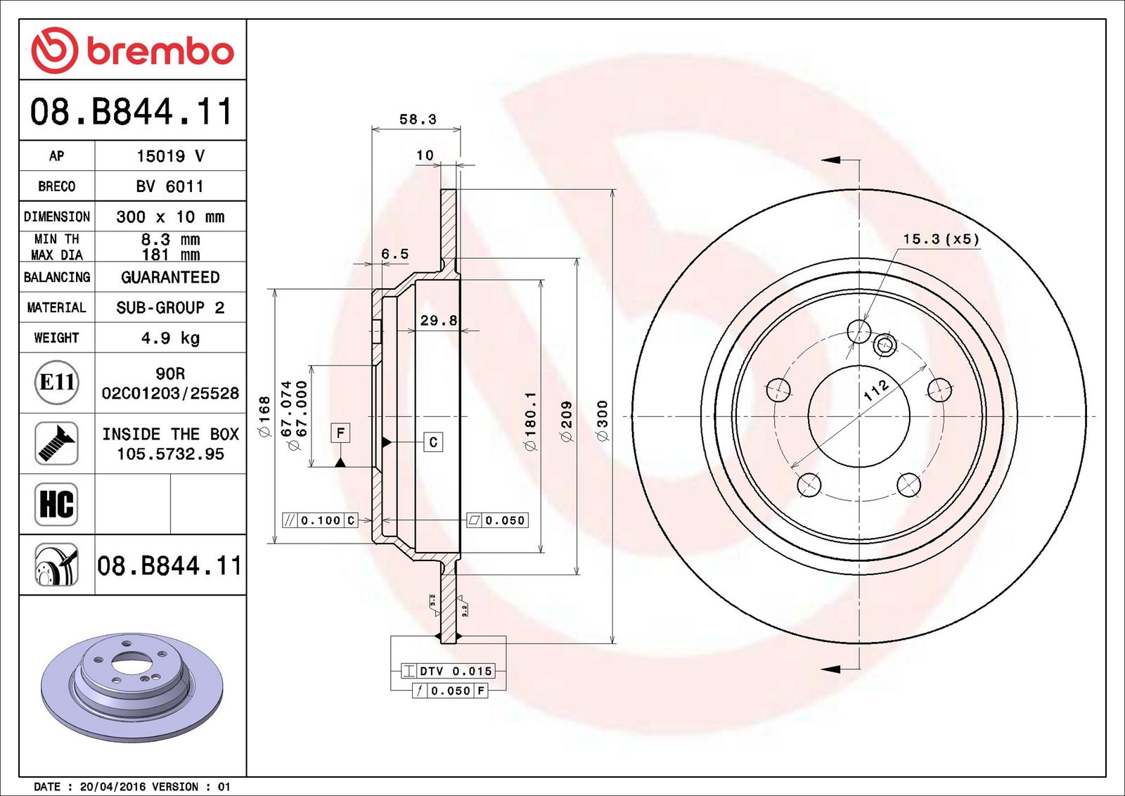 BREMBO 08.B844.11 - Bremsscheibe
