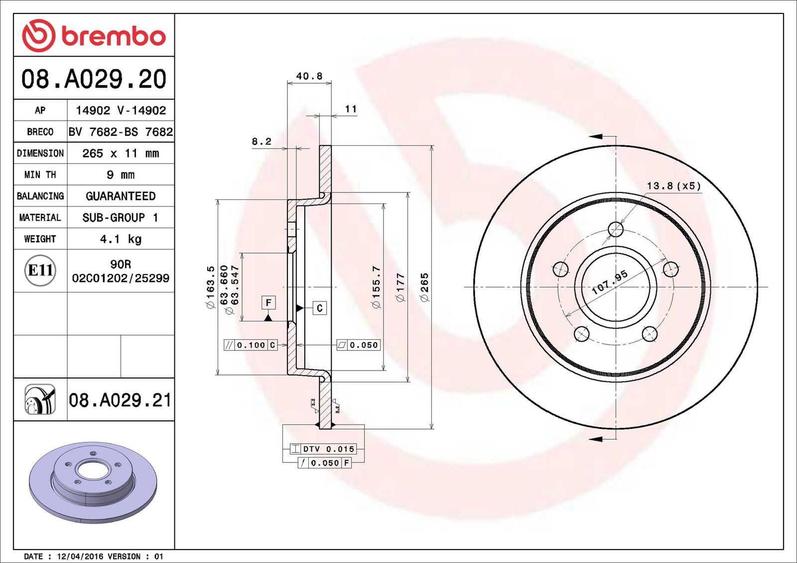 BREMBO 08.A029.21 - Bremsscheibe