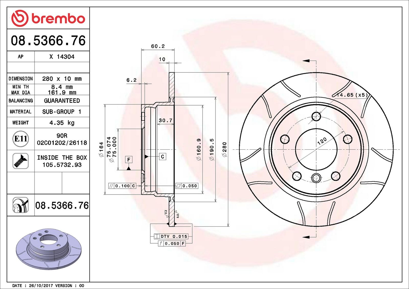BREMBO 08.5366.76 - Bremsscheibe