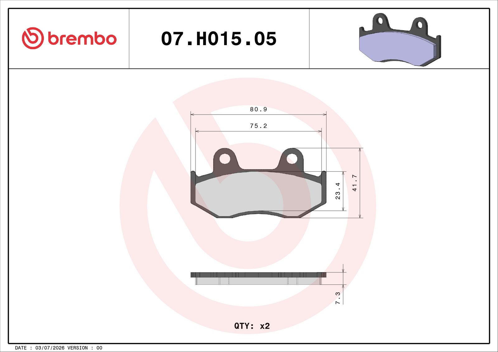 BREMBO 07HO1505 - Bremsbelagsatz, Scheibenbremse