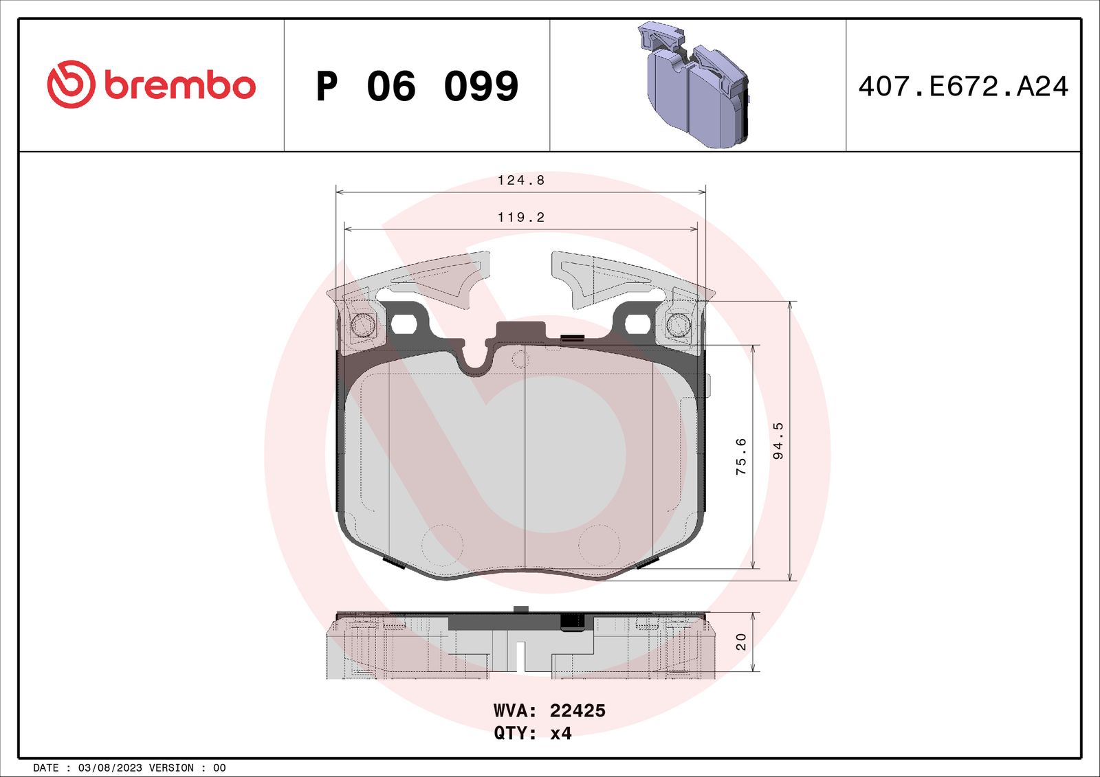 BREMBO P 06 099 - Bremsbelagsatz, Scheibenbremse