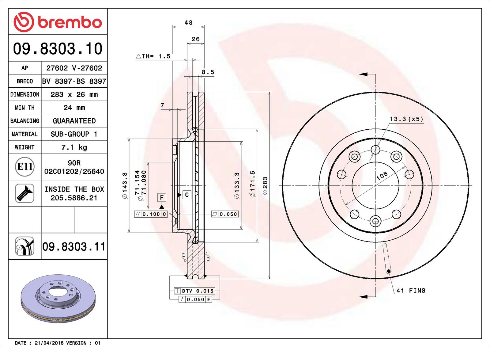BREMBO 09.8303.11 - Bremsscheibe