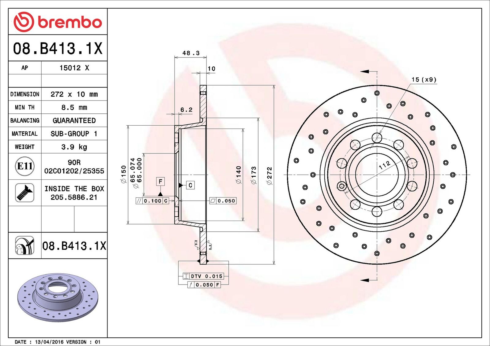 BREMBO 08.B413.1X - Bremsscheibe