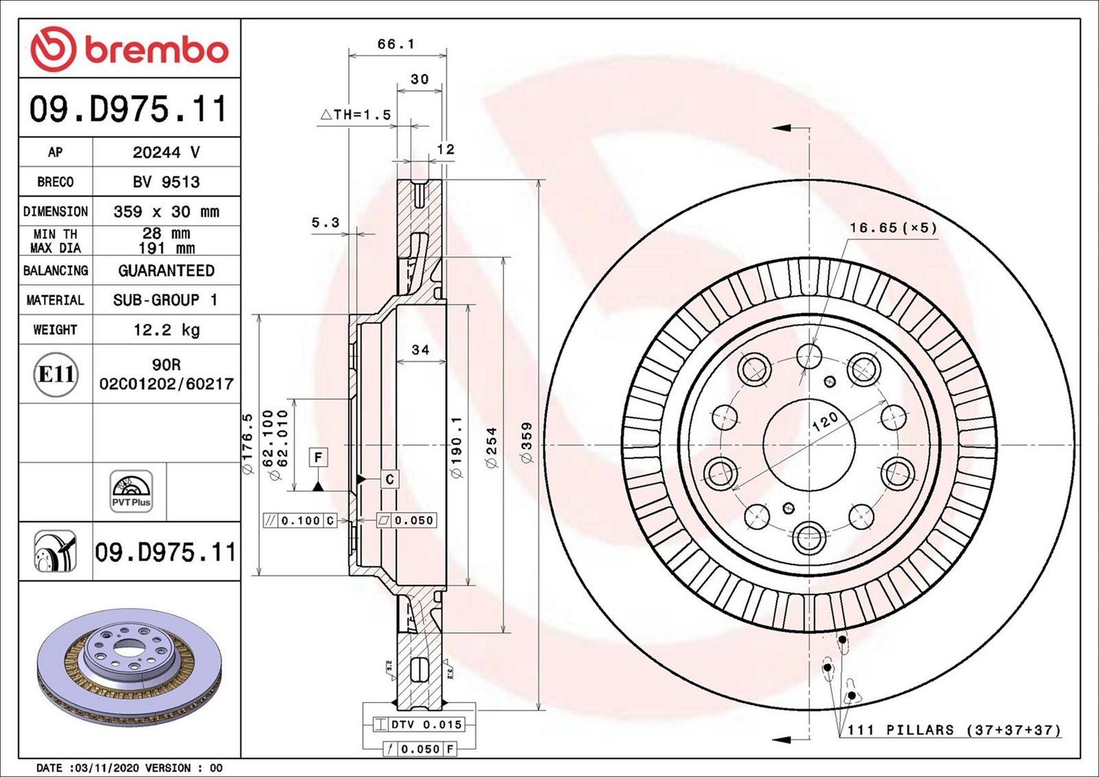BREMBO 09.D975.11 - Bremsscheibe
