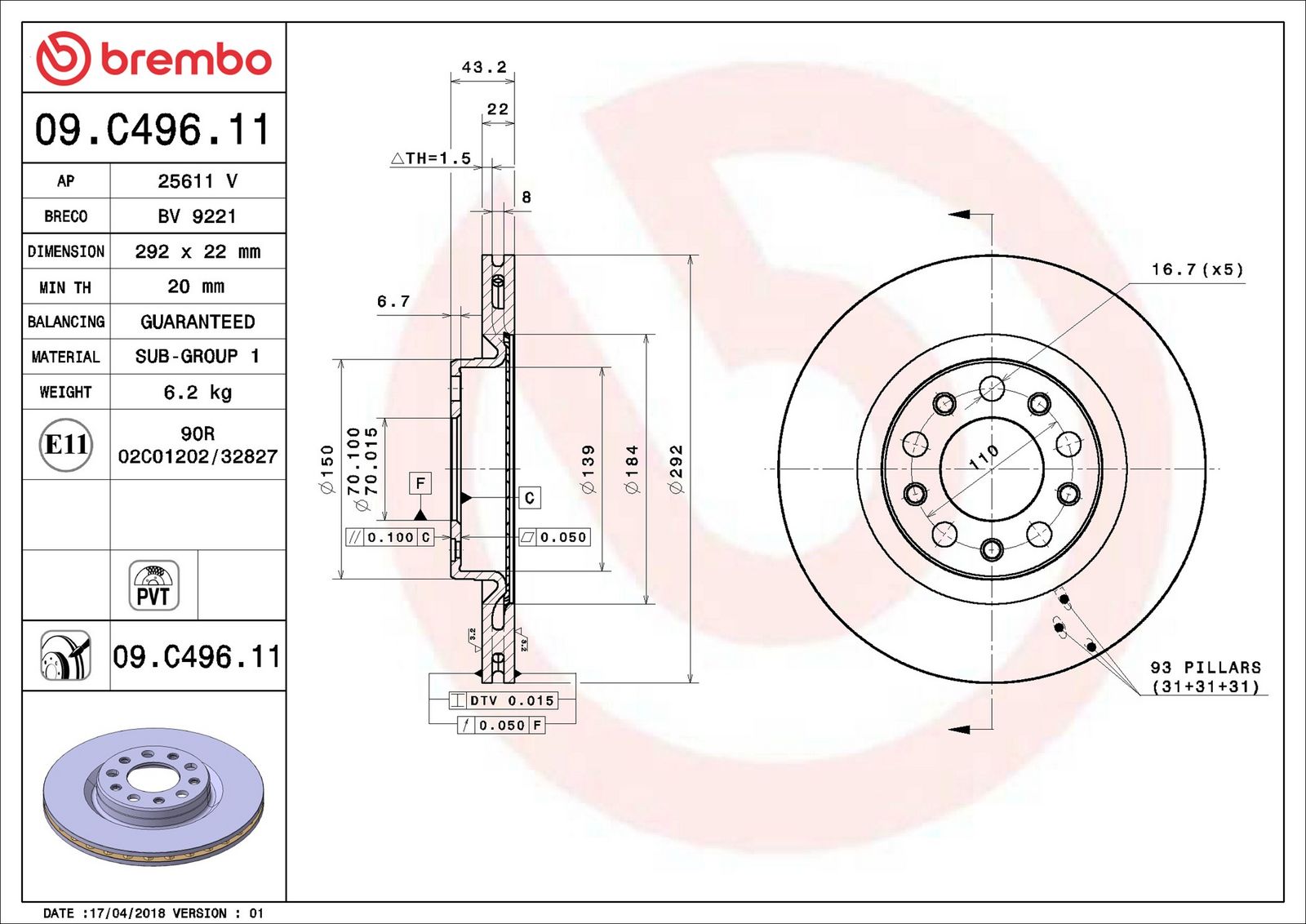BREMBO 09.C496.11 - Bremsscheibe