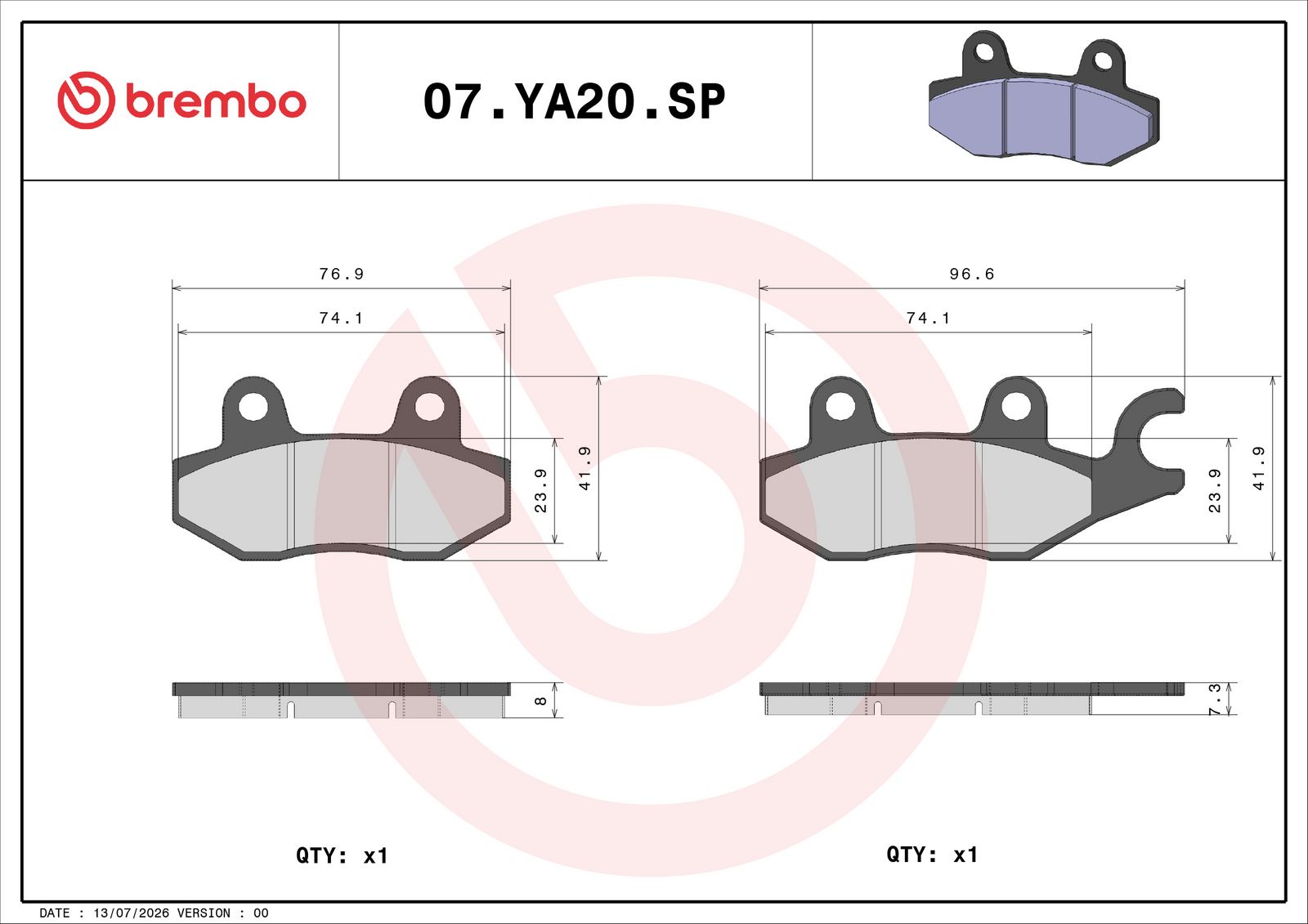 BREMBO 07YA20SP - Bremsbelagsatz, Scheibenbremse