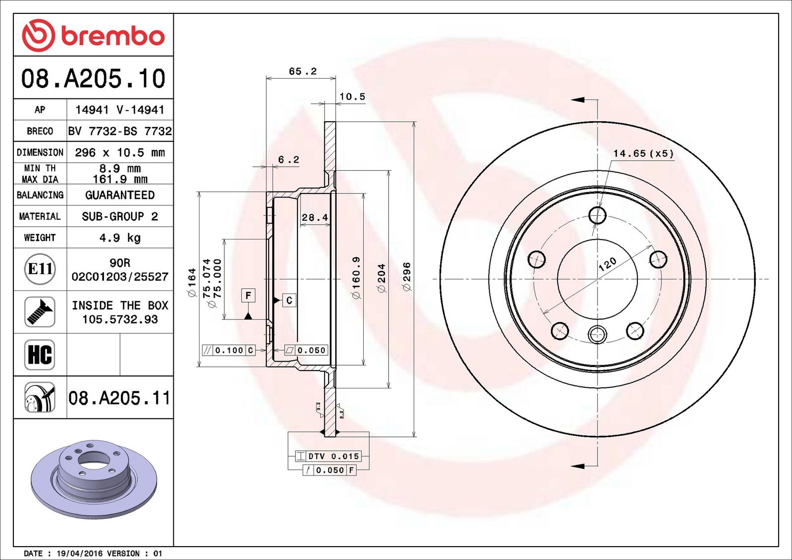 BREMBO 08.A205.11 - Bremsscheibe