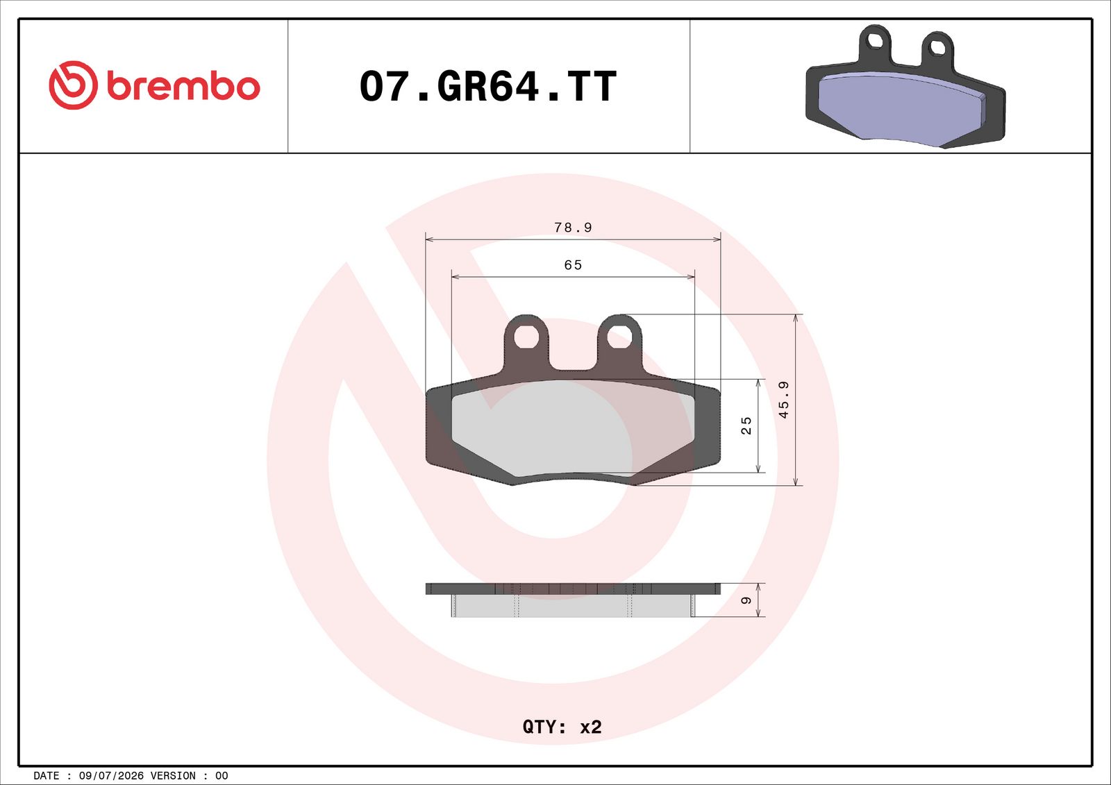 BREMBO 07GR64TT - Bremsbelagsatz, Scheibenbremse