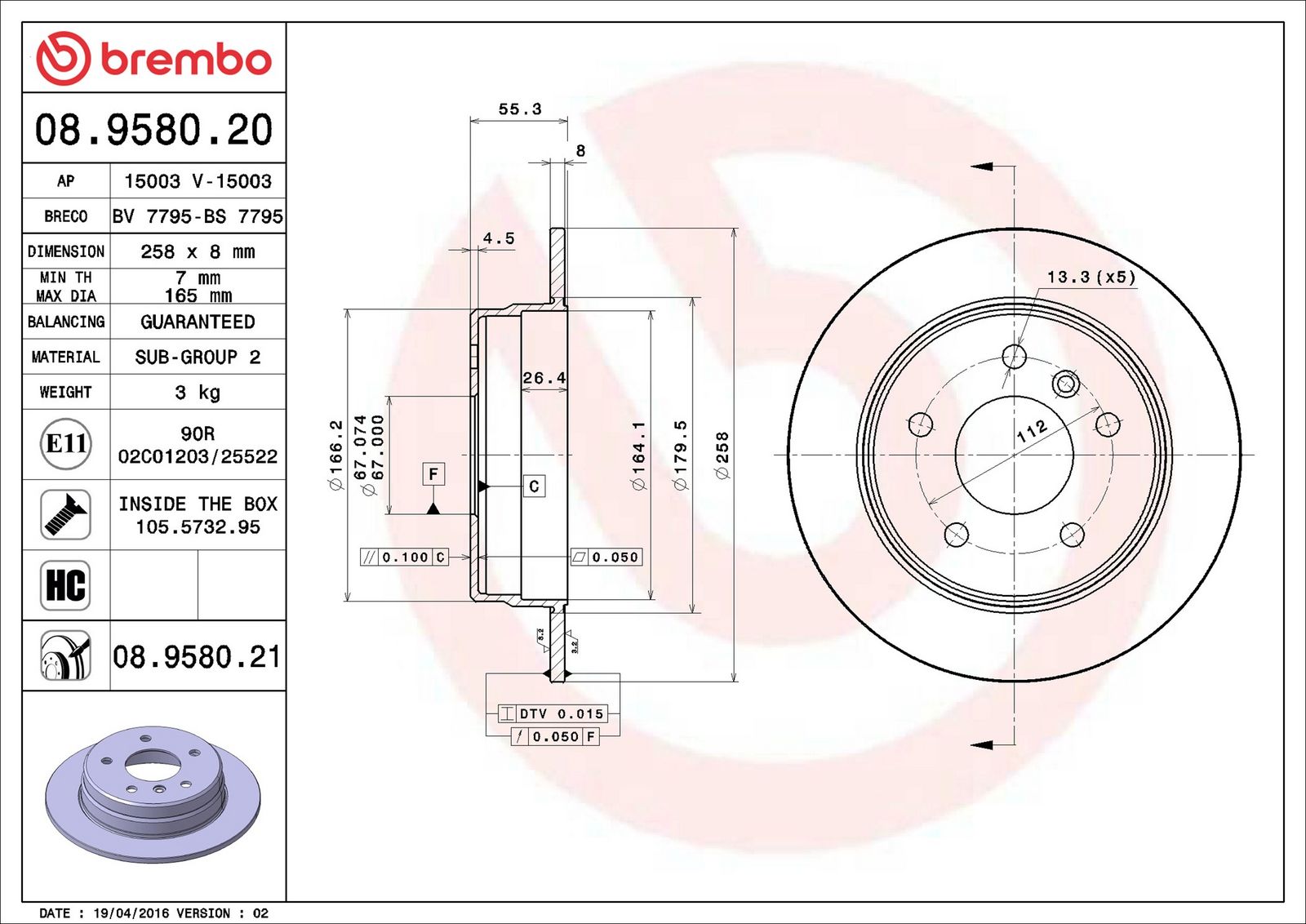 BREMBO 08.9580.21 - Bremsscheibe