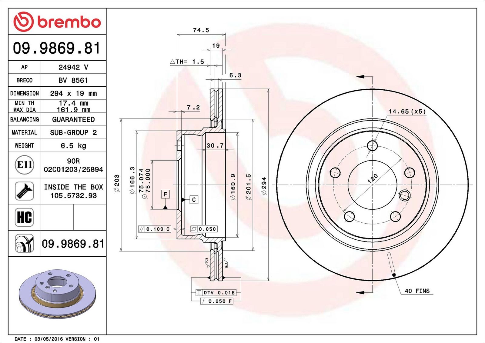 BREMBO 09.9869.81 - Bremsscheibe