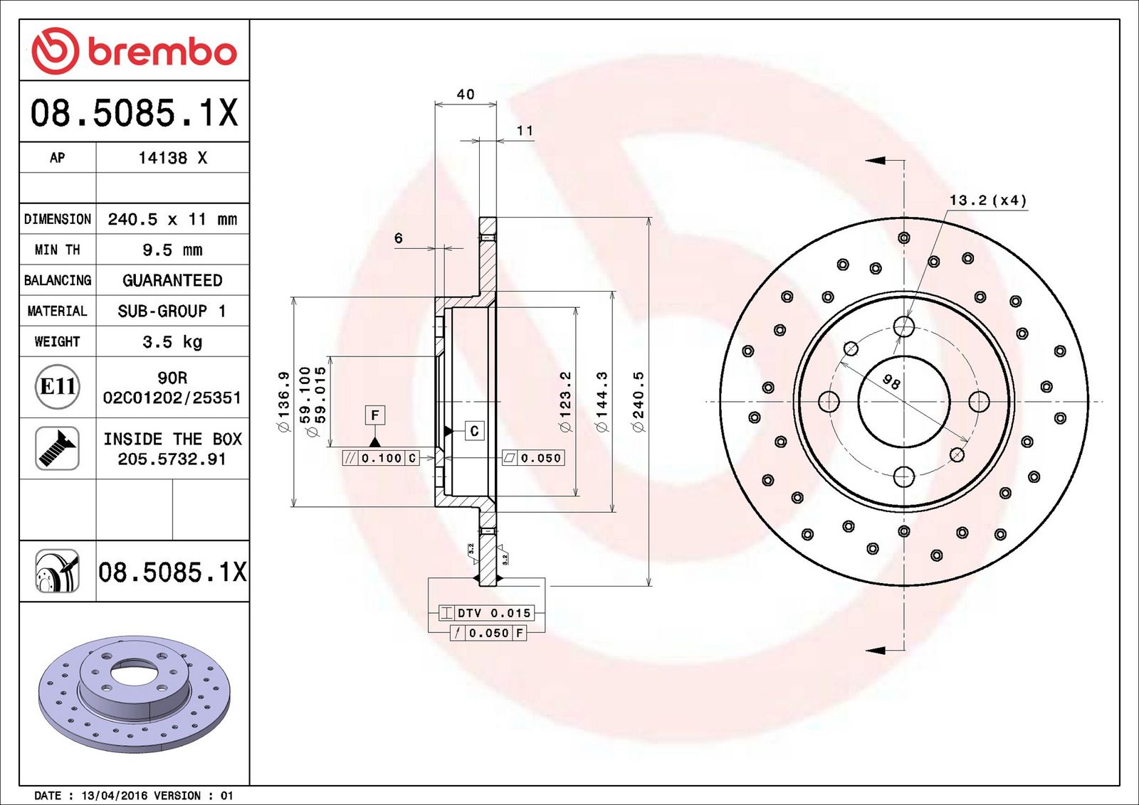 BREMBO 08.5085.1X - Bremsscheibe