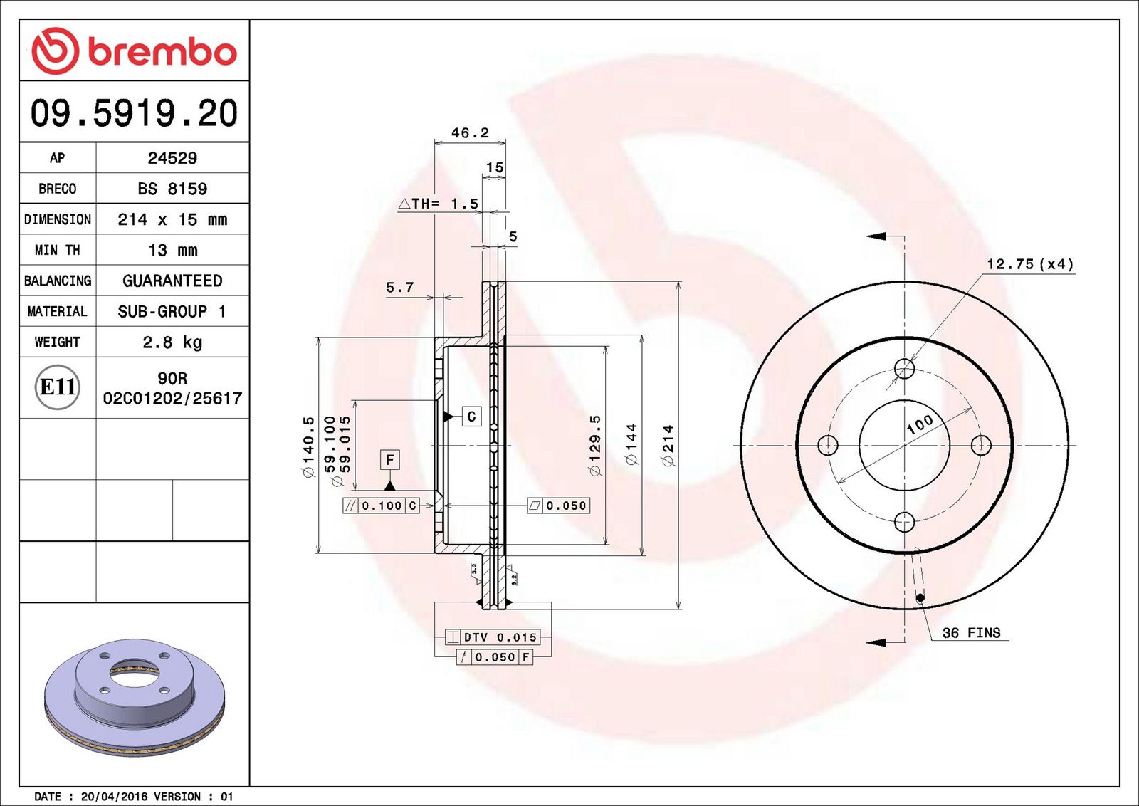 BREMBO 09.5919.20 - Bremsscheibe